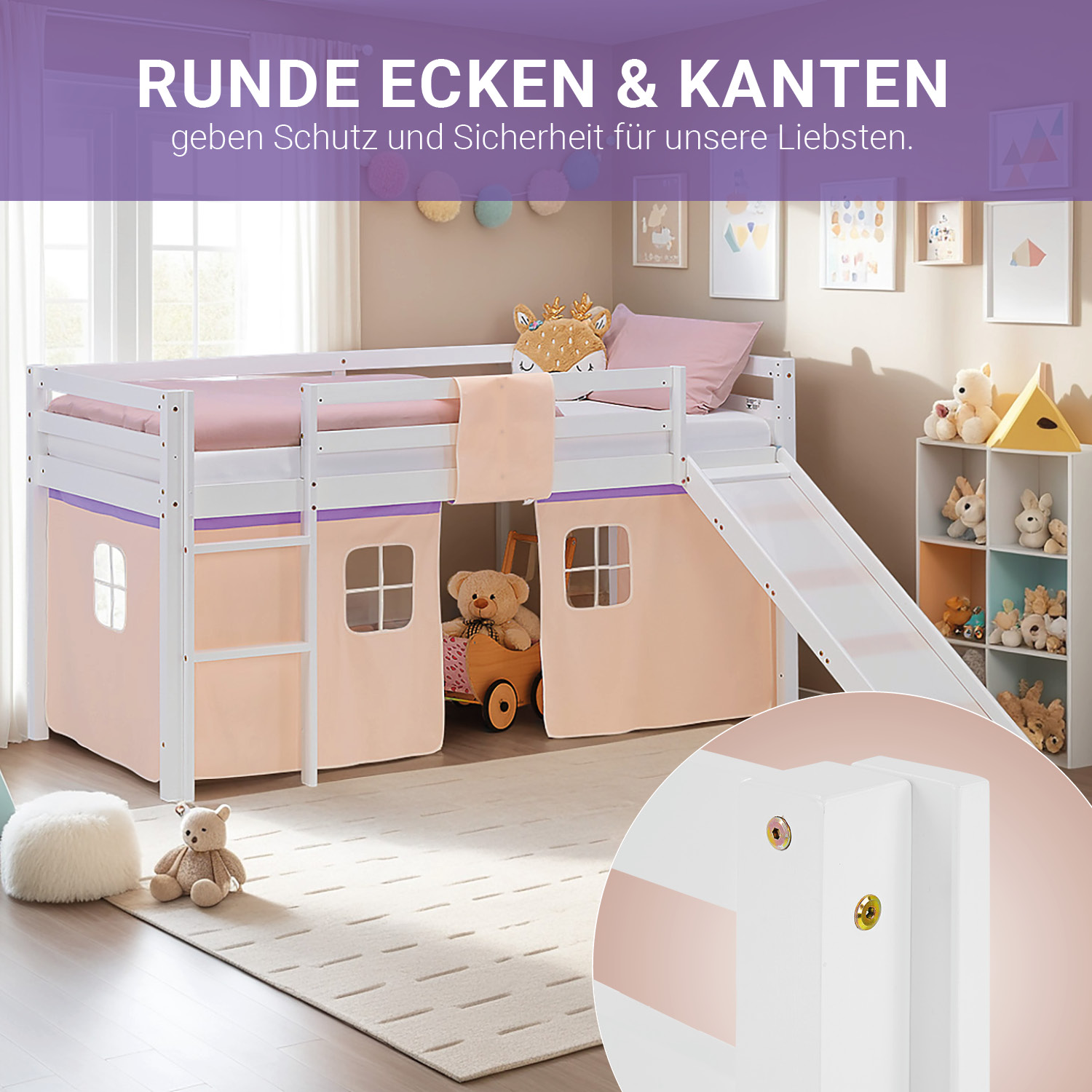 Loft Bed for Kids 90x200 cm White with Curtain in Lilac Beige | Slide | with Slatted Frame and Mattress
