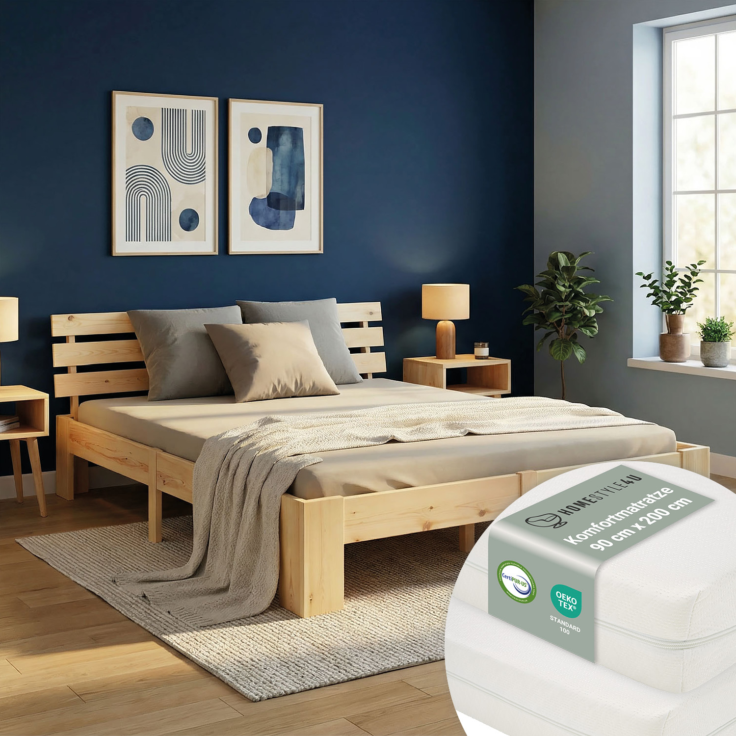 Wood Bed 180x200 cm Natural | Double Bed | with 2 Mattress | Solid | Kids Youth Guest Bedroom