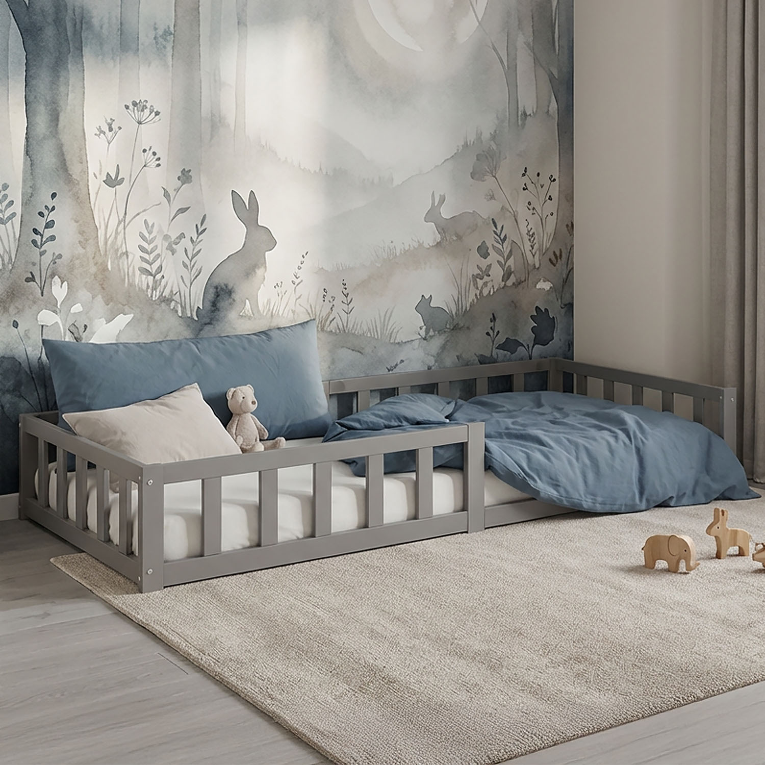 Children's Bed 90x200 Grey | Floor Bed with Slatted Frame | with Fall Protection | Montessori