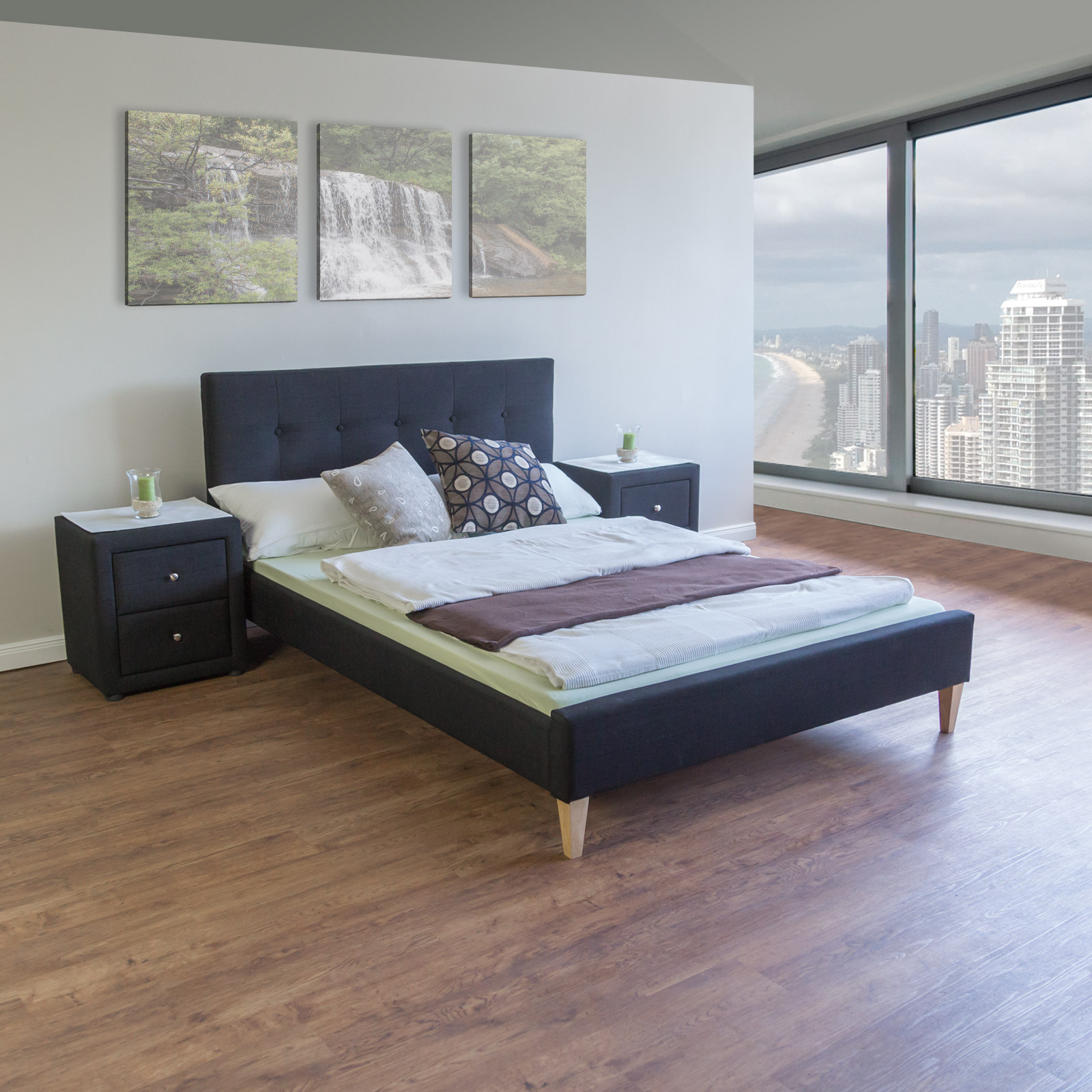 Upholstered bed 140x200 cm black | with slatted frame | double fabric bed frame