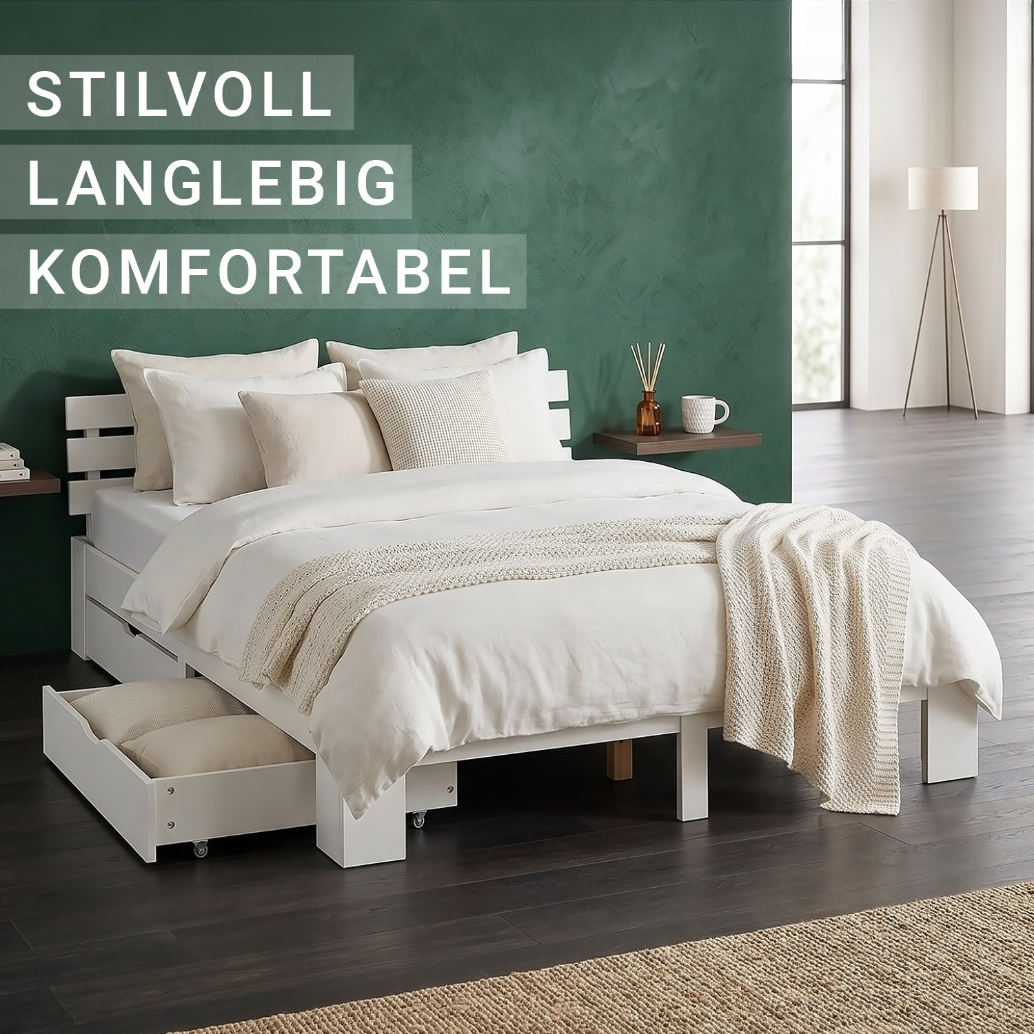 Wood Bed 140x200 cm White | Double Bed with Storage 2 Drawers | with Mattress | Solid | Kids Youth Guest Bedroom