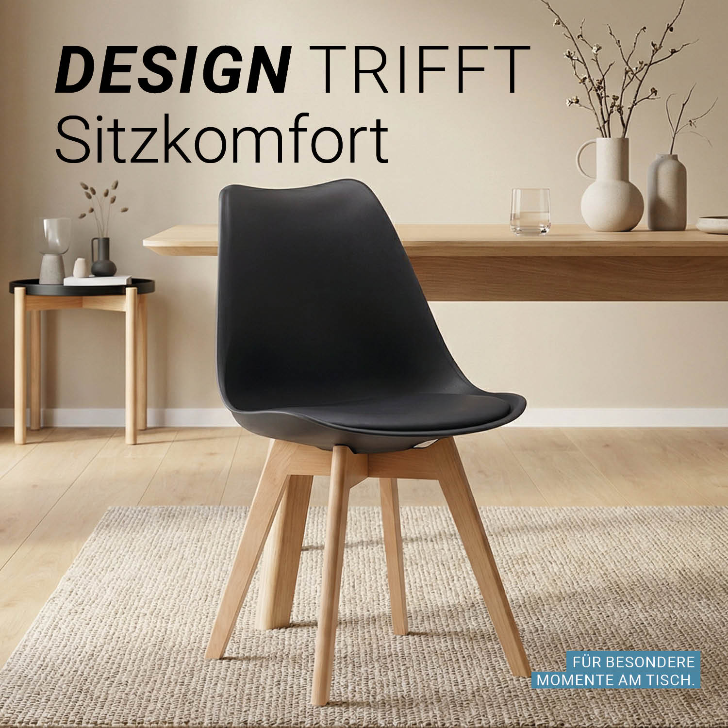 Dining Set (5-Piece): 120x80 cm oak extendable dining table with 4 black plastic chairs and wooden legs