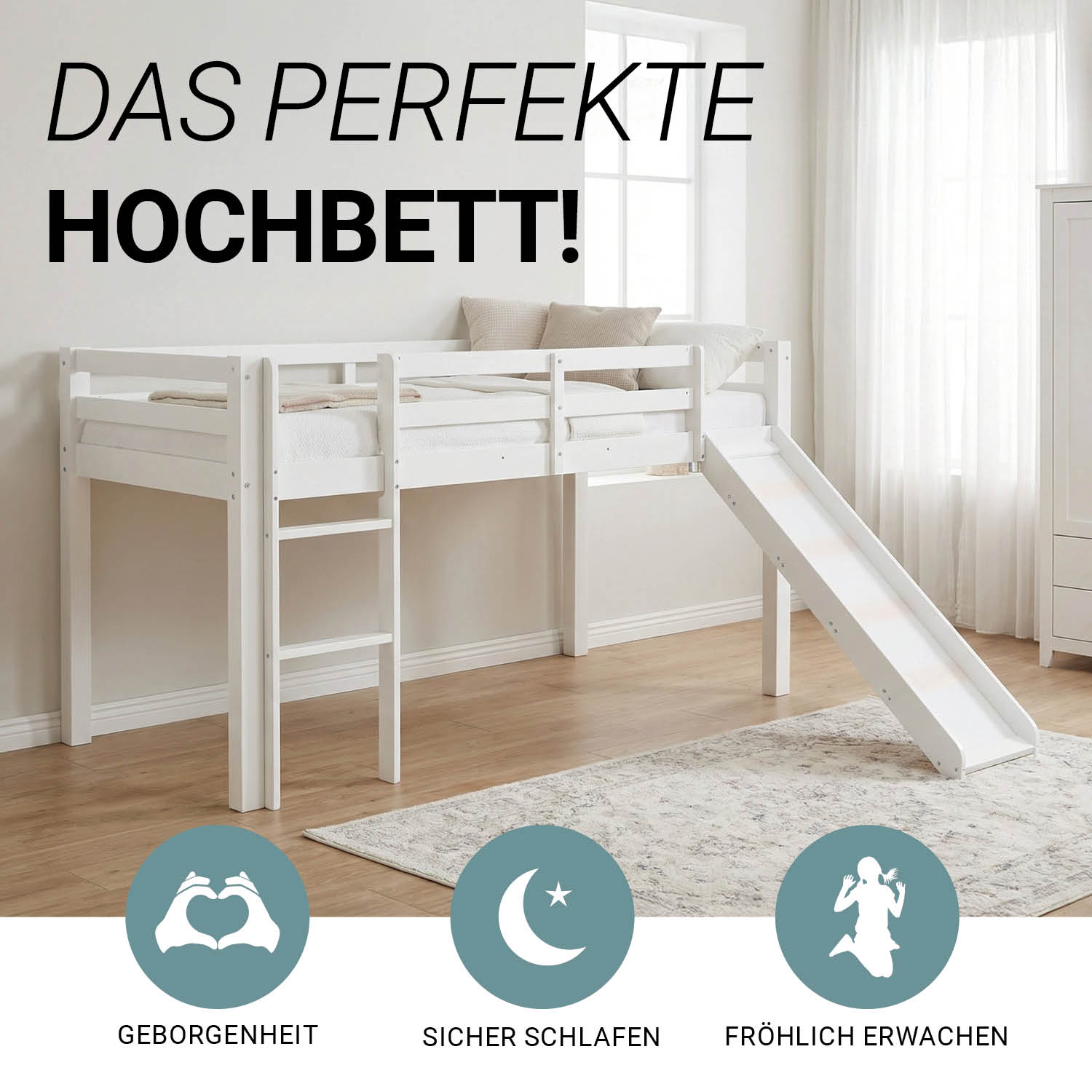 Loft Bed with Slats, Ladder and Slide 90x200 cm Children's Bed Bunk Bed High Sleeper Wood White