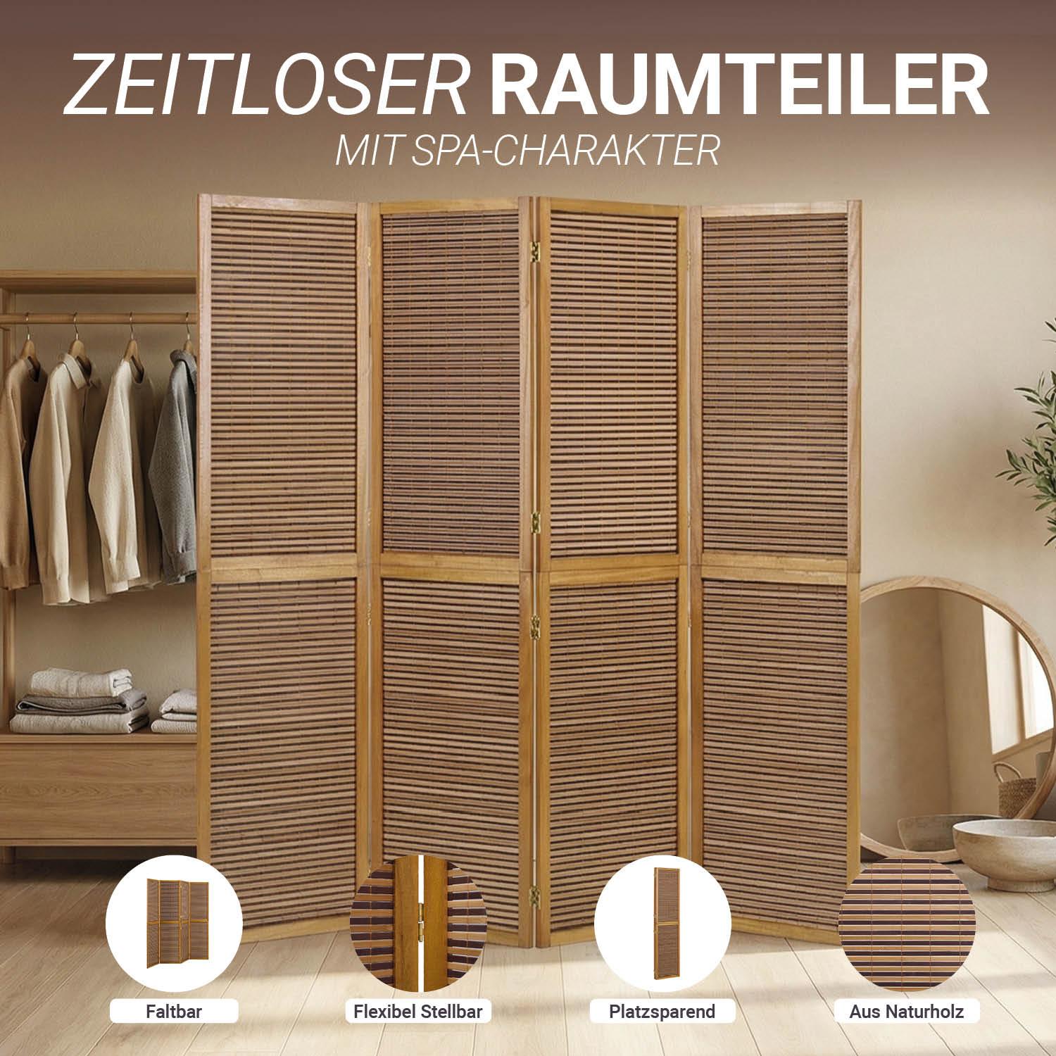 Paravent Brown Wooden Slats | 4-panel | Wood | Room Divider Partition Privacy Screen