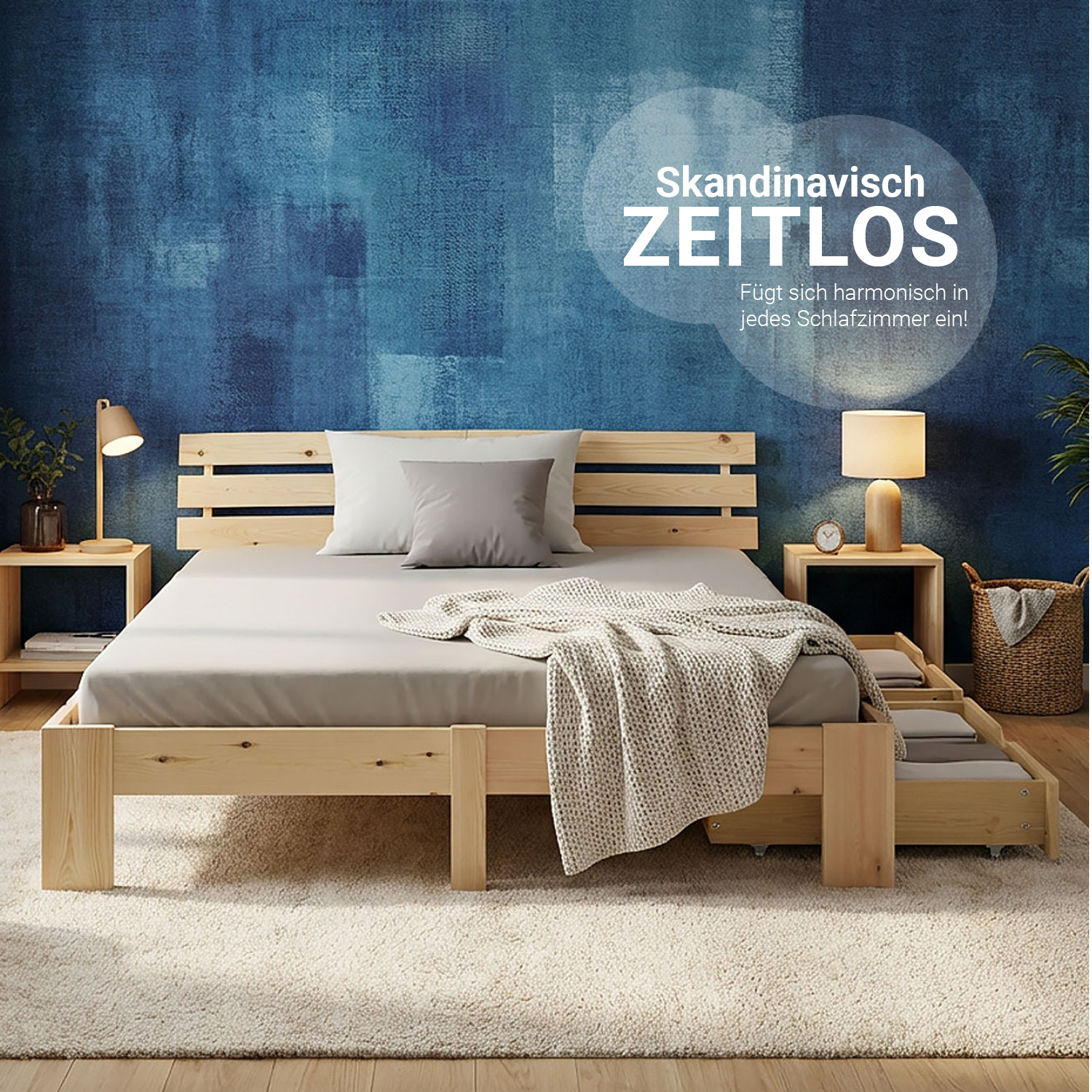 Wood Bed 140x200 cm Natural | Double Bed | with Spring Mattress | 2 Drawers | Youth Guest Bedroom