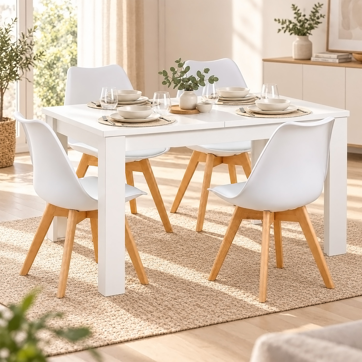 Dining Set (5-Piece): 120x80 cm white extendable dining table with 4 plastic chairs and wooden legs