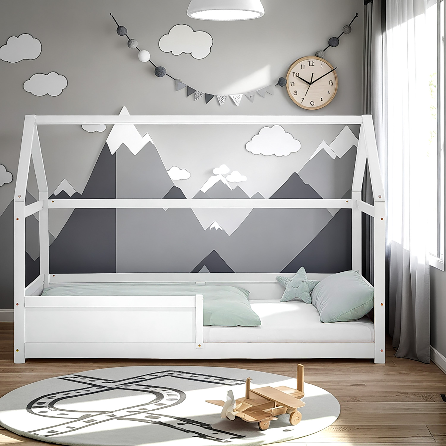 Children's Bed 90x200 cm White with Mattress | House Bed with Fall Protection | Montessori | Single Bed | with Slatted Frame | Wood