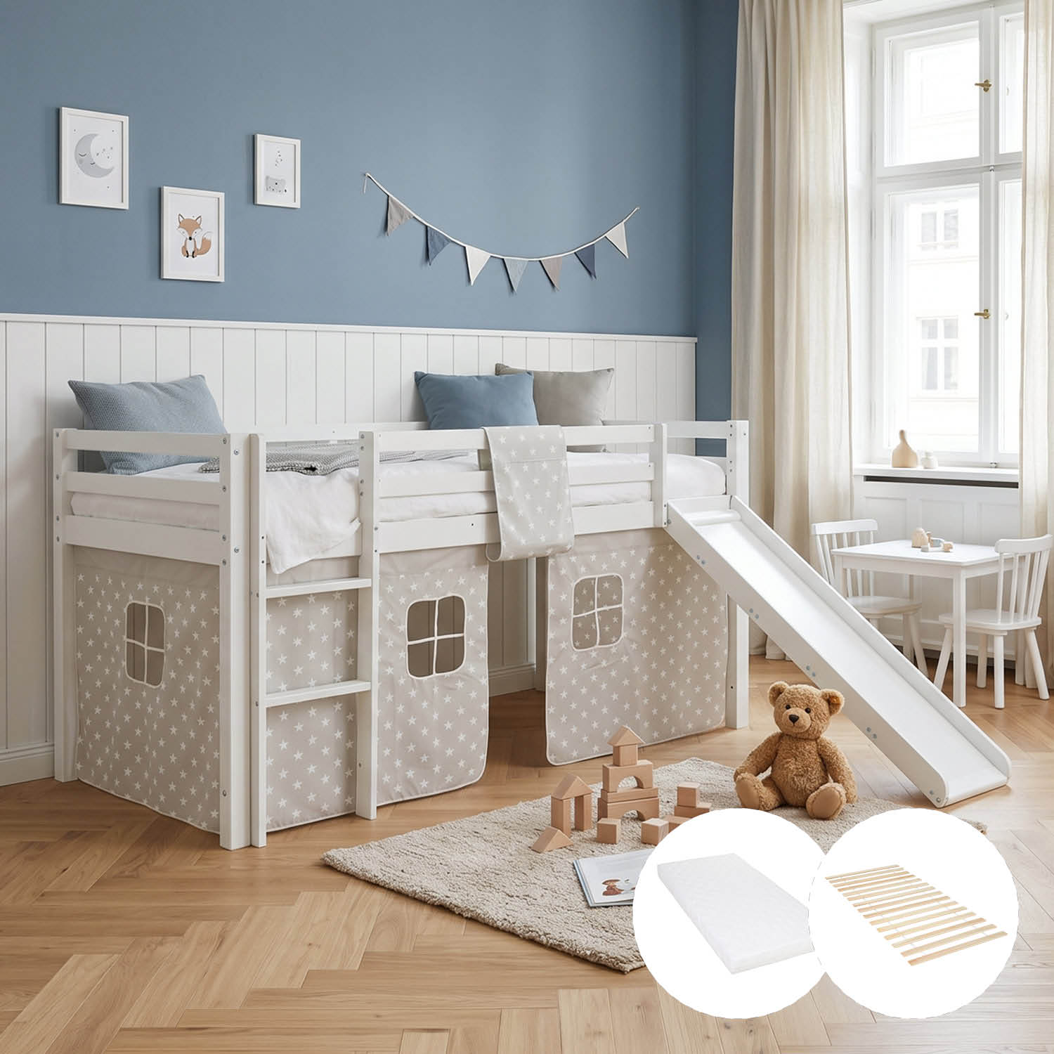 Children's Loft Bed 90x200 cm White with Star Curtain | Slide | With Slatted Base | With Mattress