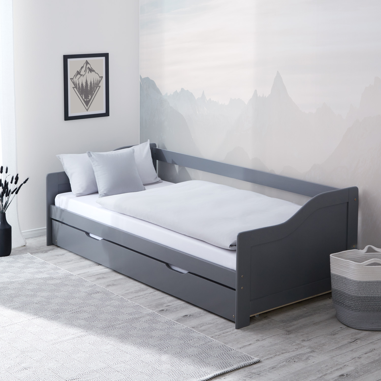 Wood Bed 90x200 cm Gray | Extendable to Double Bed | Cabin Bed | with Slatted Frame | Kids Youth Guest Bedroom