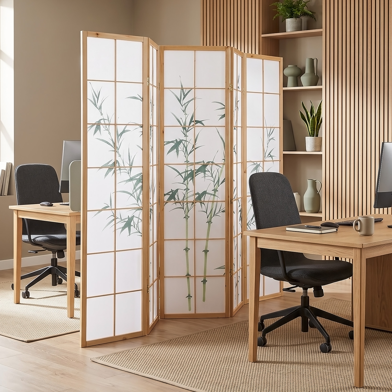 5-panel "Nature" folding screen with bamboo motif – Japanese room divider & privacy screen