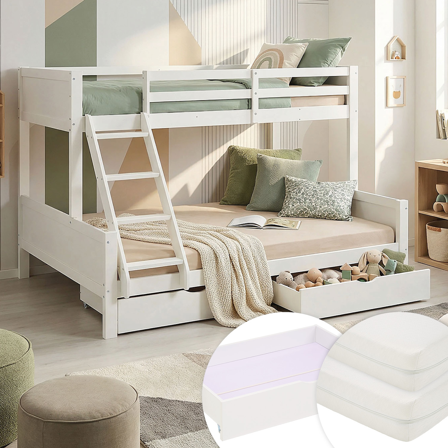 Etagenbett in Weiß mit Holzelementen, zwei Matratzen und Stauraum. Das weiße Etagenbett mit breiterer unterer Liegefläche ist mit Matratzen, Bettwäsche, Kissen und einer Decke vor weißem Hintergrund abgebildet. Die schräge Leiter und die Schutzleisten der