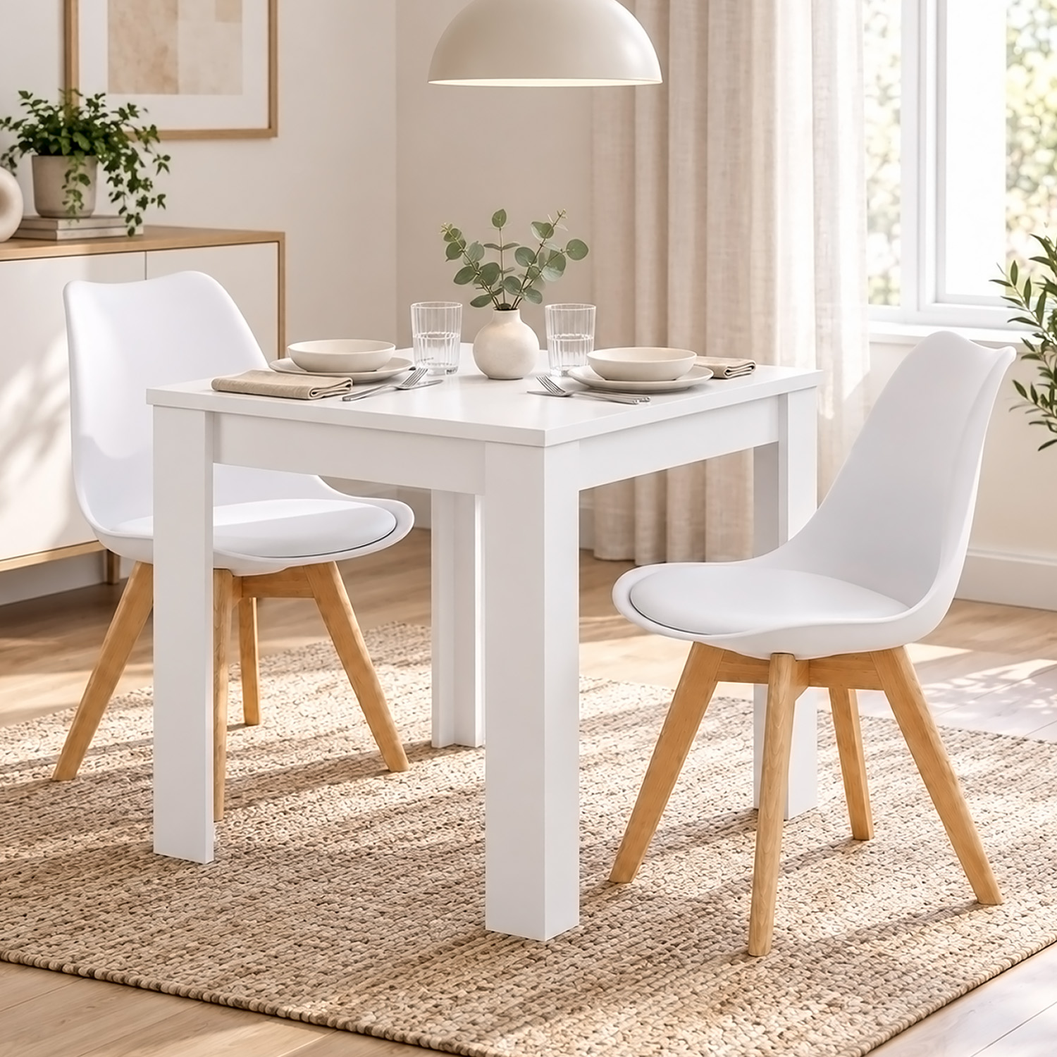 Dining Set (3-Piece): 80x80 cm white dining table with 2 plastic chairs and wooden legs
