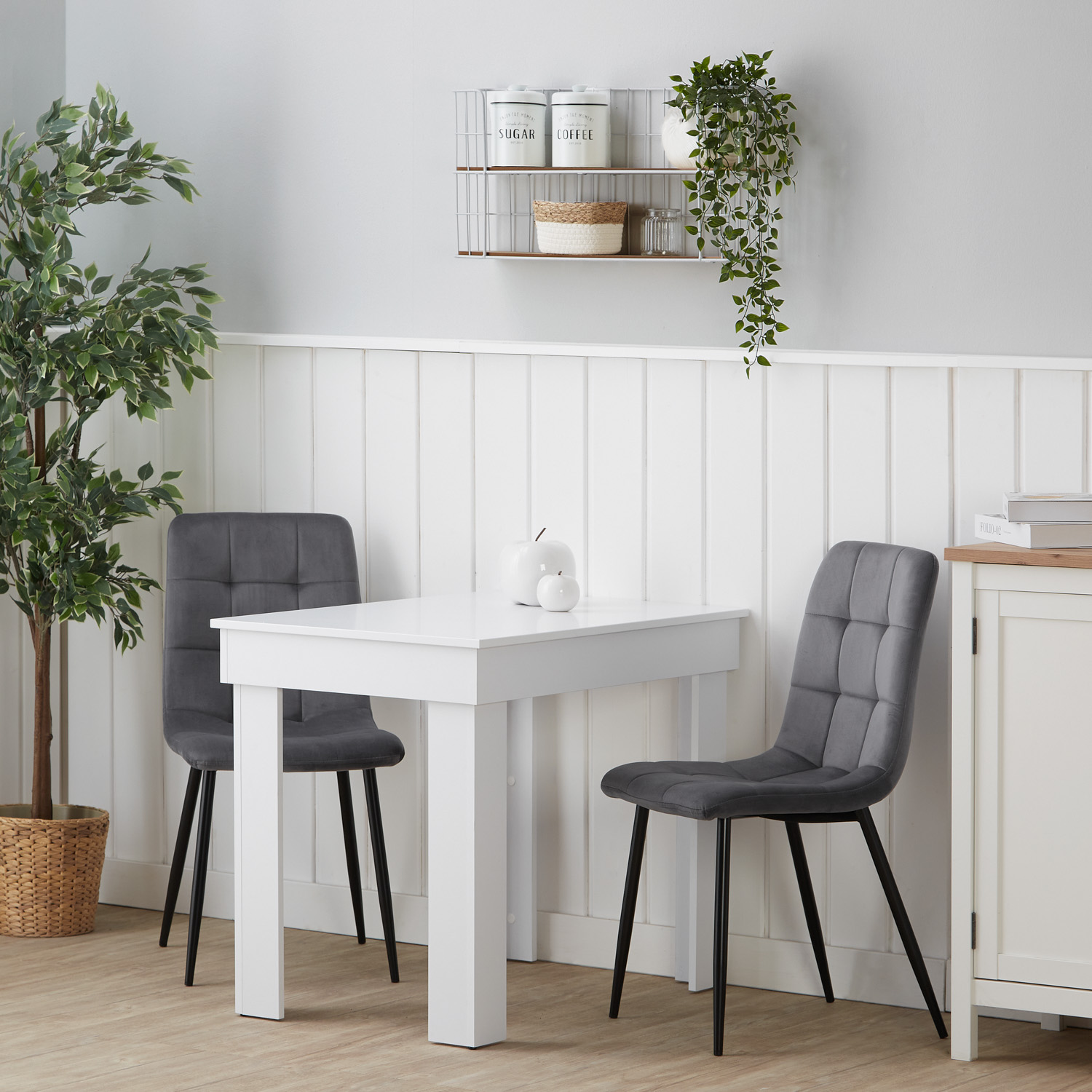 Modern Dining Table White 90x60 cm with 2 Grey Velvet Chairs Dining Room Table Wooden Table