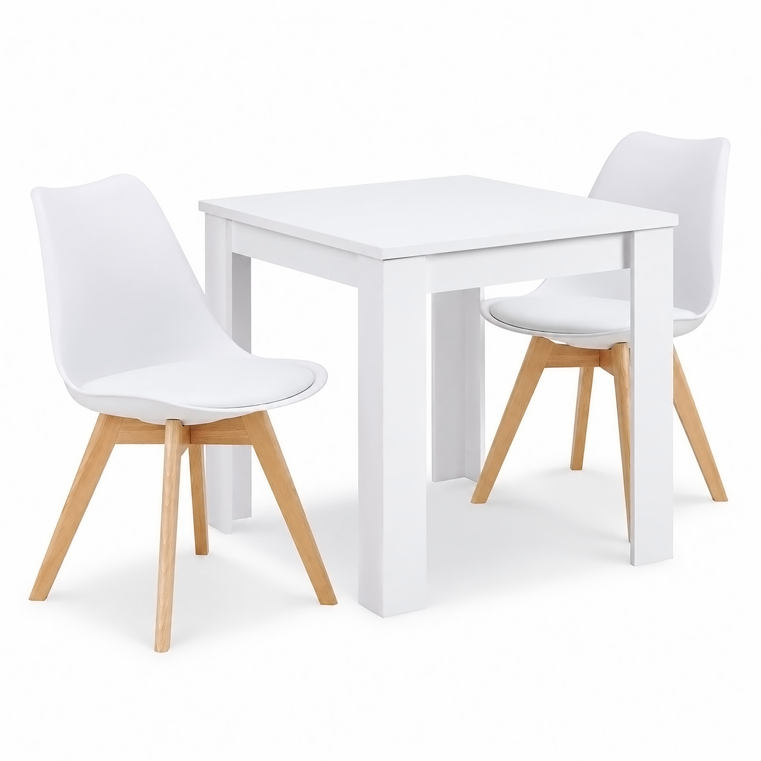 Dining Set (3-Piece): 80x80 cm white dining table with 2 plastic chairs and wooden legs