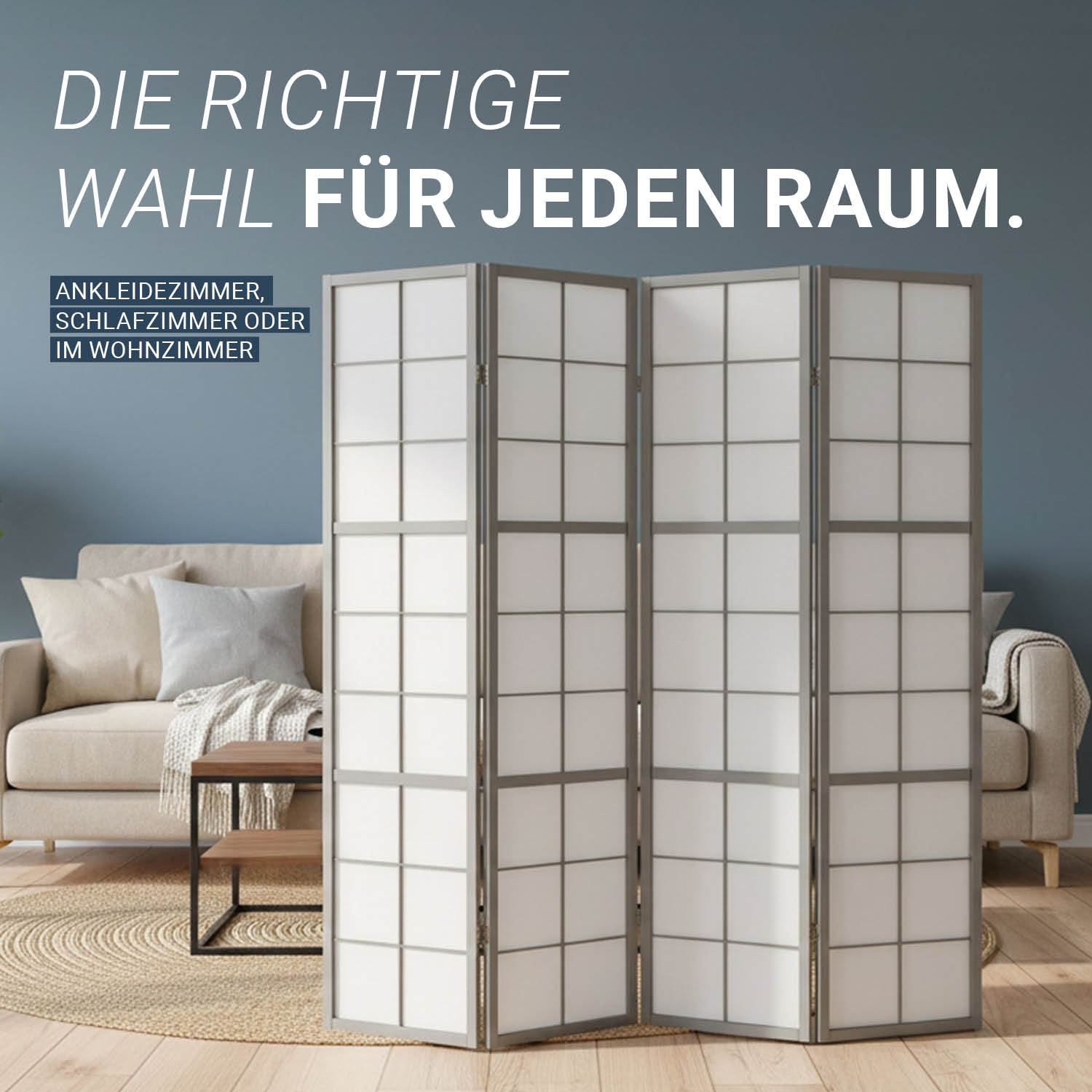 Paravent Grey Shoji | 4-panel | Wood | Room Divider | Partition Privacy Screen