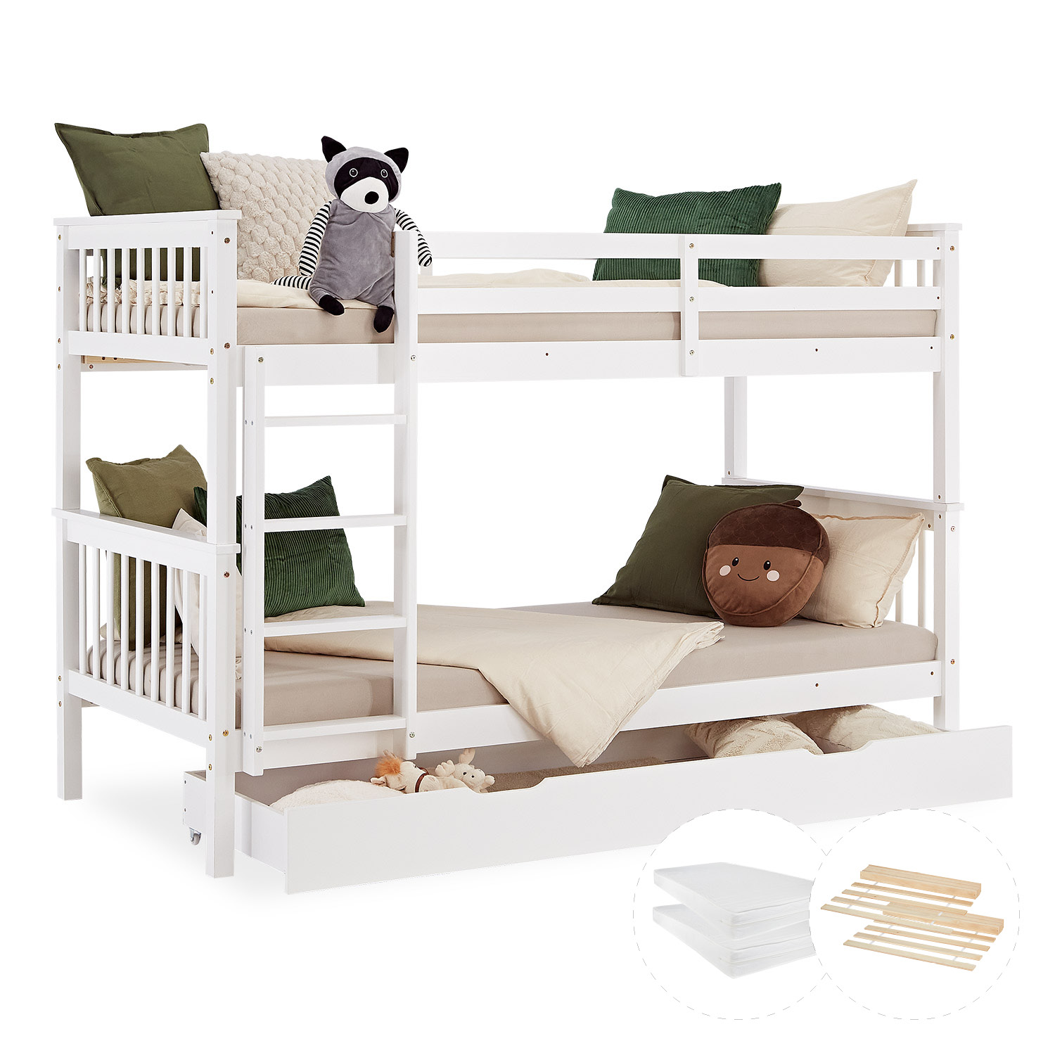 Bunk Bed 90x200 cm White | Kids Bed with Mattress | Storage | Fall Protection | Convertible | Massif pine wood