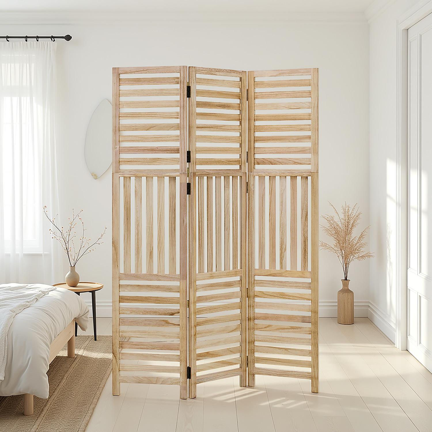 Paravent Natural Wooden Slats | 3-panel | Wood | Room Divider Partition Privacy Screen