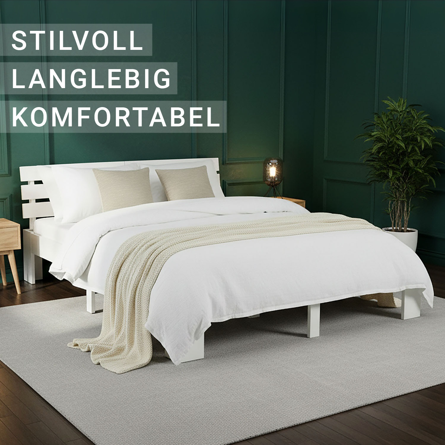 Wood Bed 160x200 cm White | Double Bed | with 2 Mattress | Solid | Kids Youth Guest Bedroom
