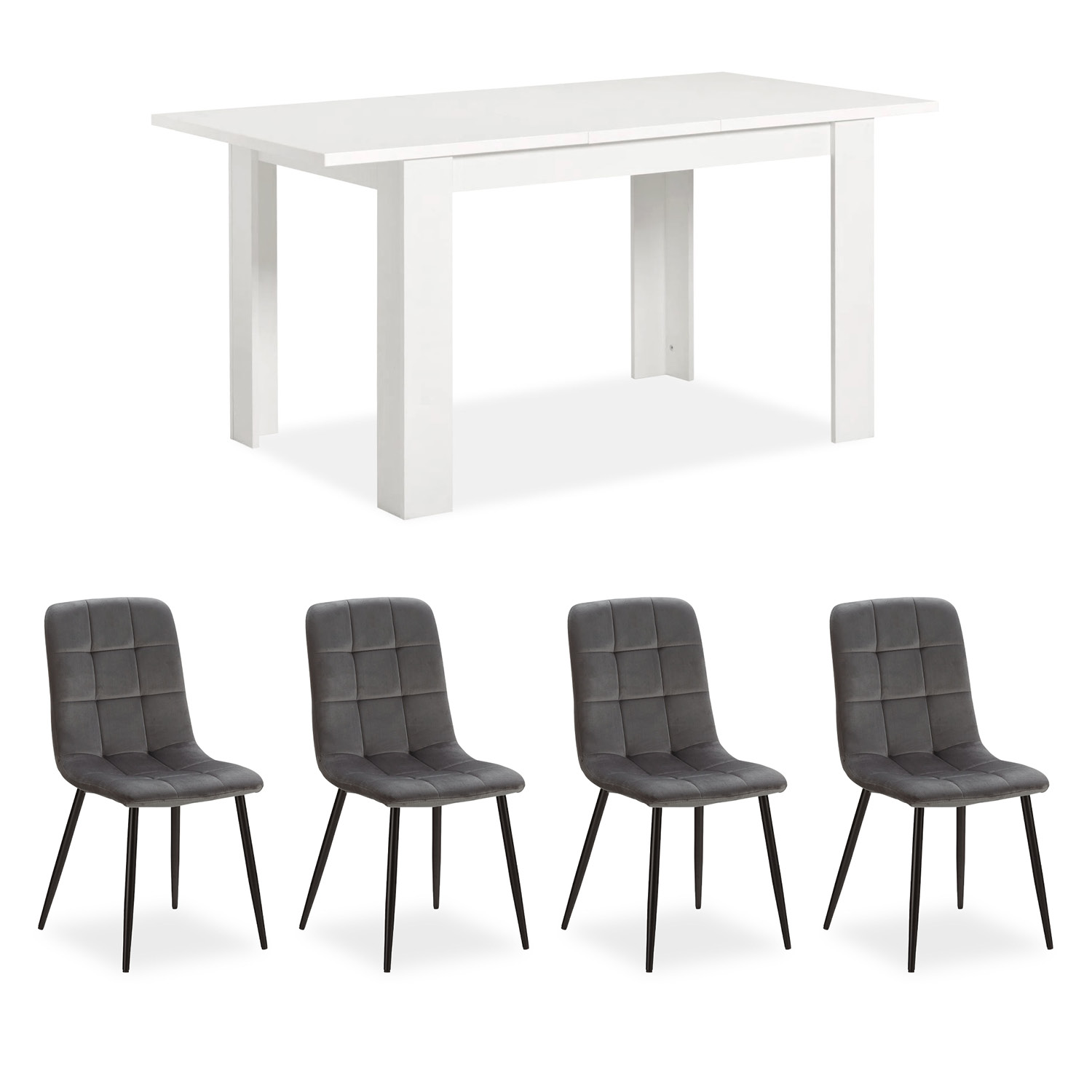 Dining set | 4-piece set upholstered chairs grey velvet without armrest | dining table white 120 x 80 cm | extendable 153 cm