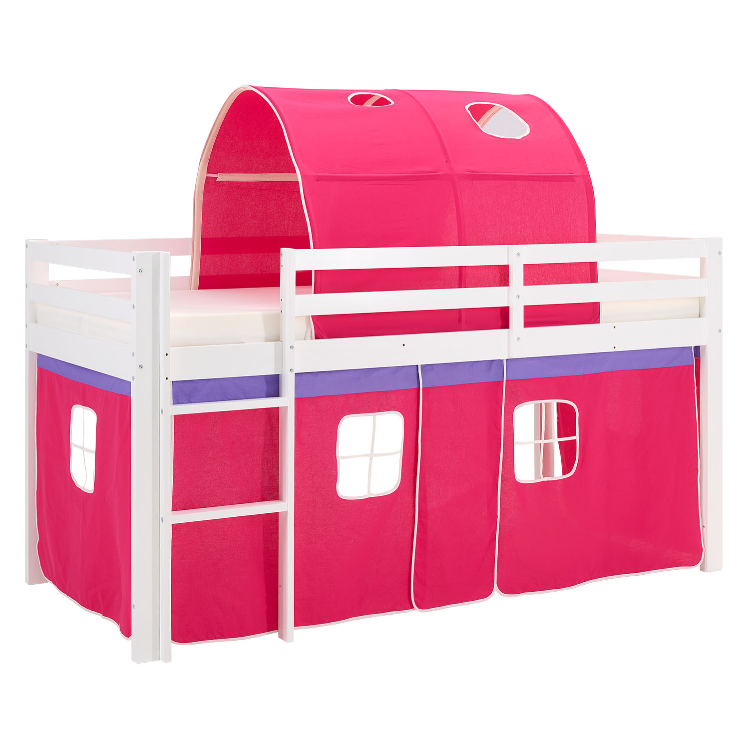 Loft Bed Kids 90x200 cm White with Curtain in Pink | Tunnel | without Slatted Frame