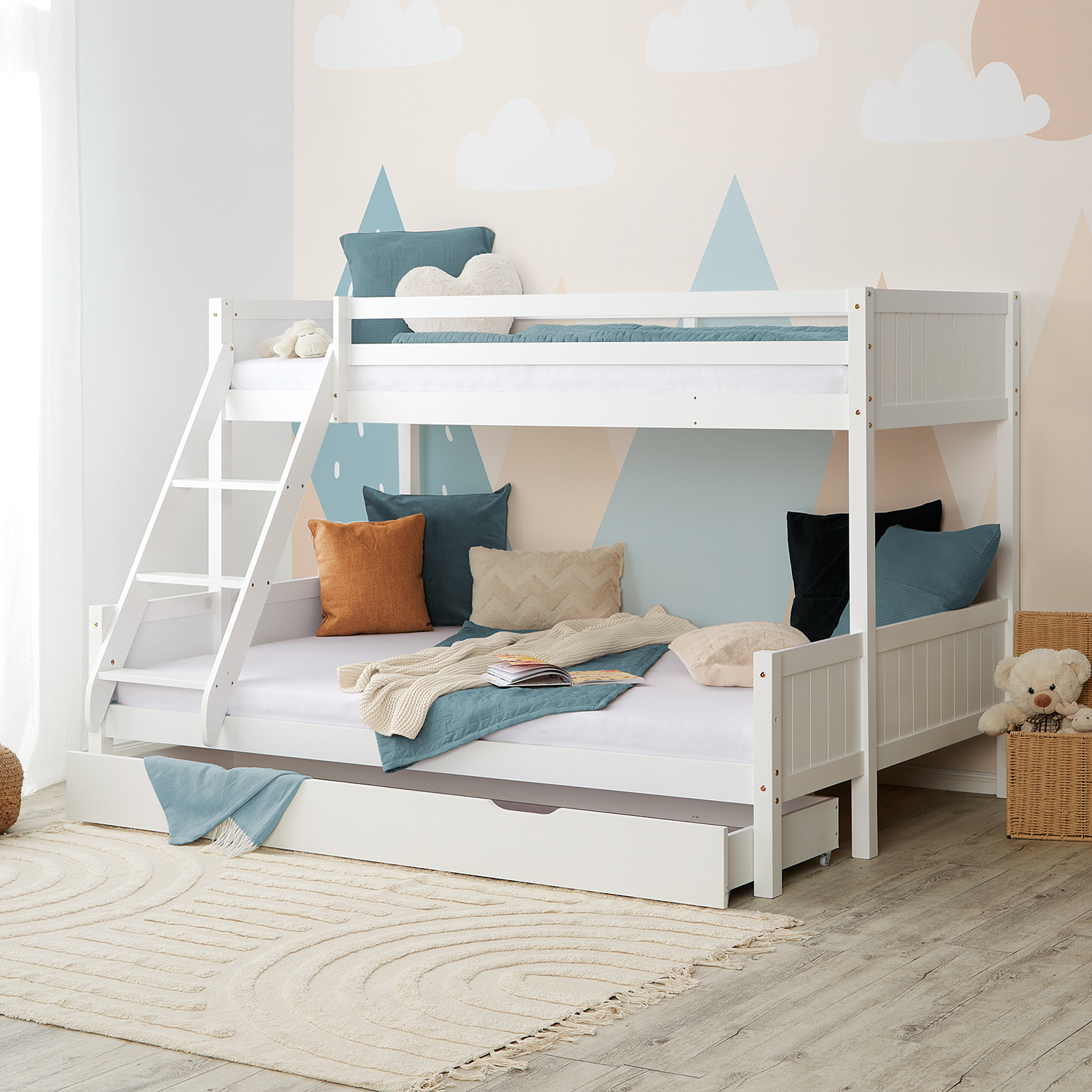 Bunk Bed Kids Bed 90x200 and 140x200 cm White Grey 2 Mattresses Wood Cabin Bed High Sleeper Bed Loft Bed Childrens Bed Twin Bed Drawer