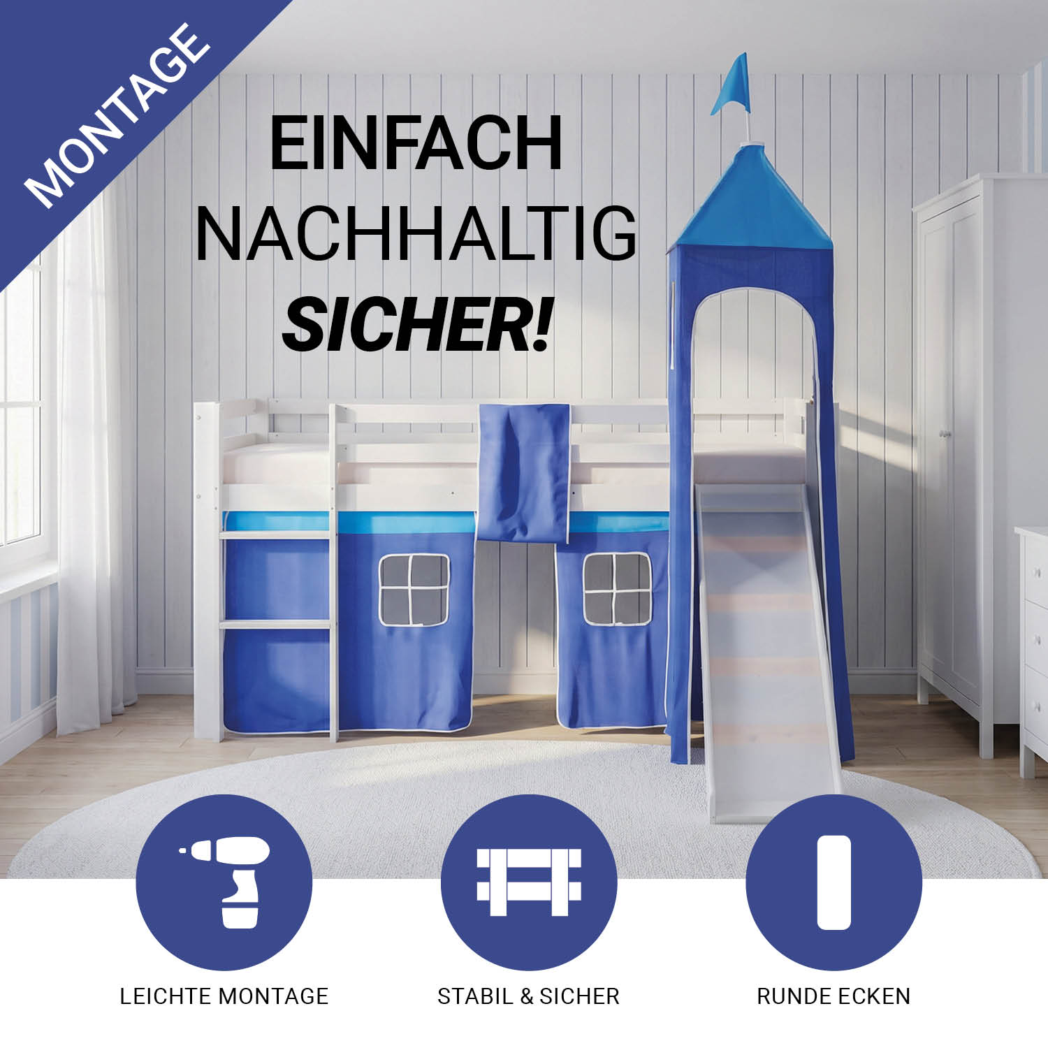 Children's Loft Bed 90x200 cm White with Blue Curtain | Tower | Slide | with Slatted Base