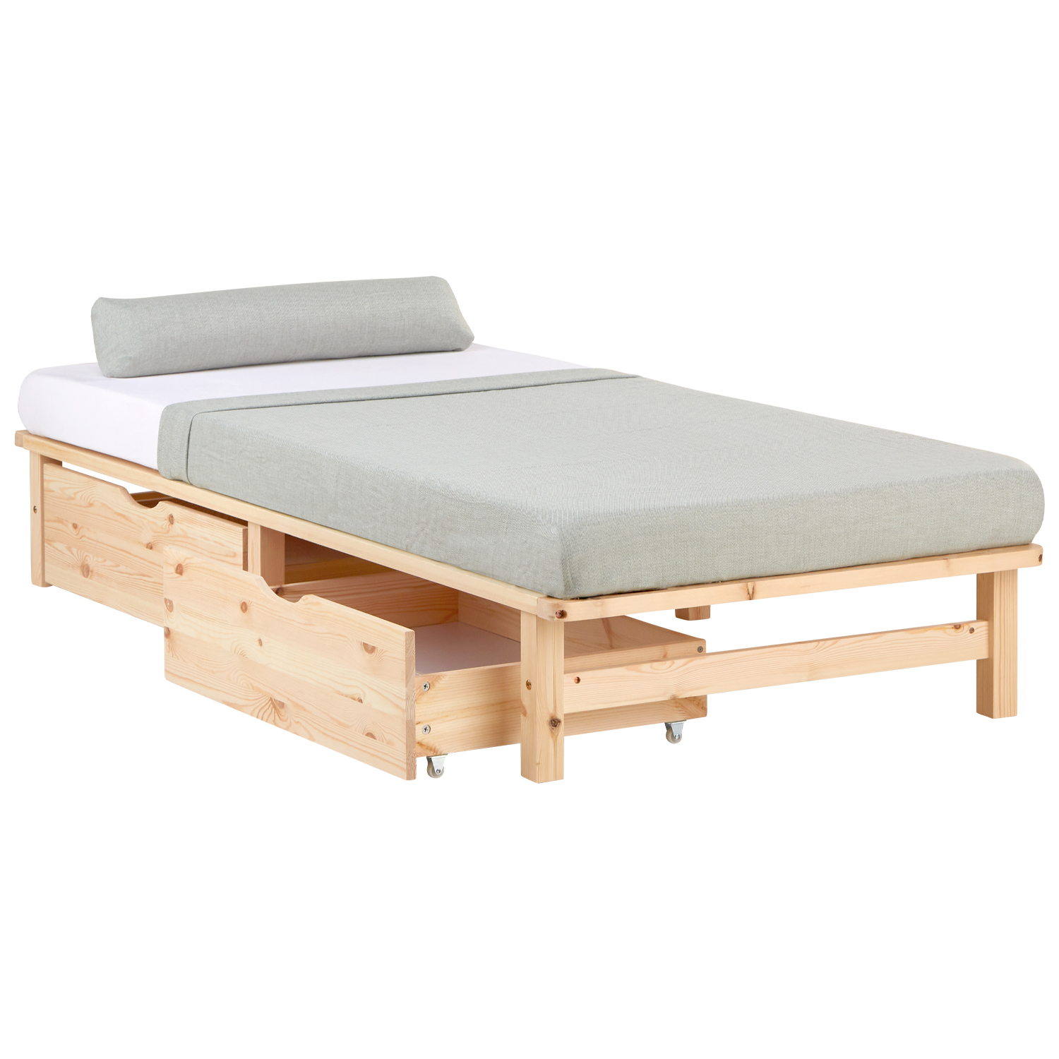 Pallet Bed 90x200 cm Natural | Single Bed with Storage Drawers | with Slatted Frame | Wood | Kids Youth Guest Bedroom