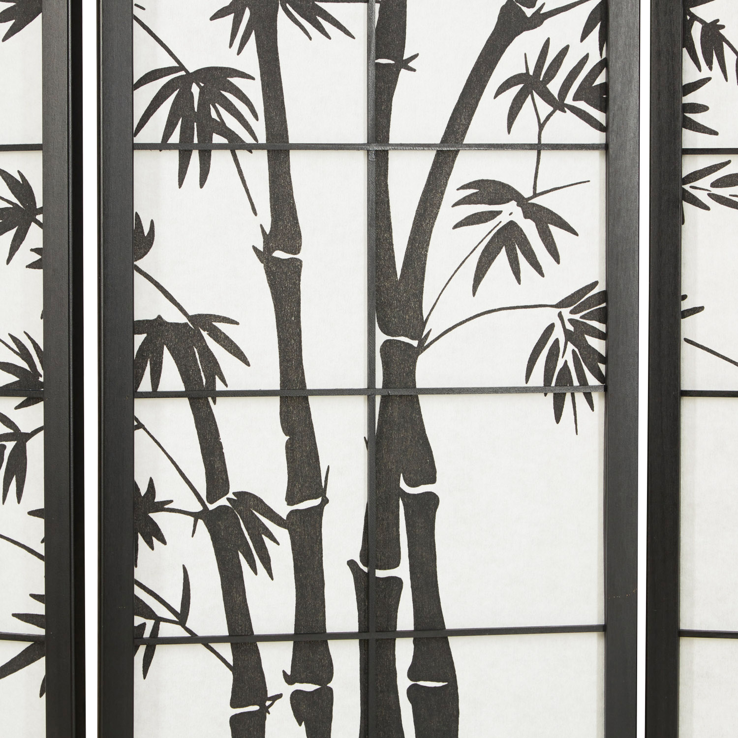 Paravent Raumteiler 4 teilig, Holz Schwarz, Reispapier Weiß, Bambusmuster, Höhe 179 cm	