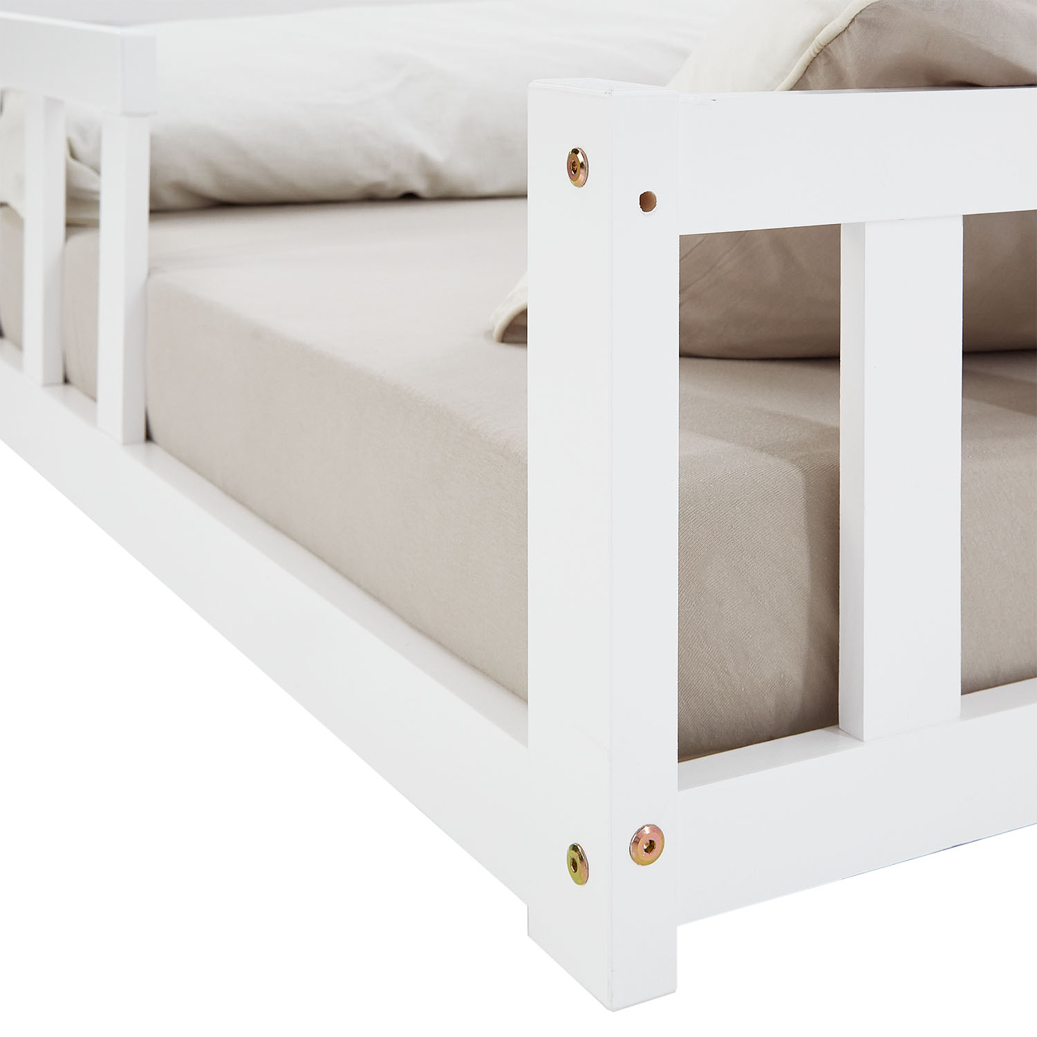 Children's Bed 120x200 White | Floor Bed with Slatted Frame | with Fall Protection | Montessori