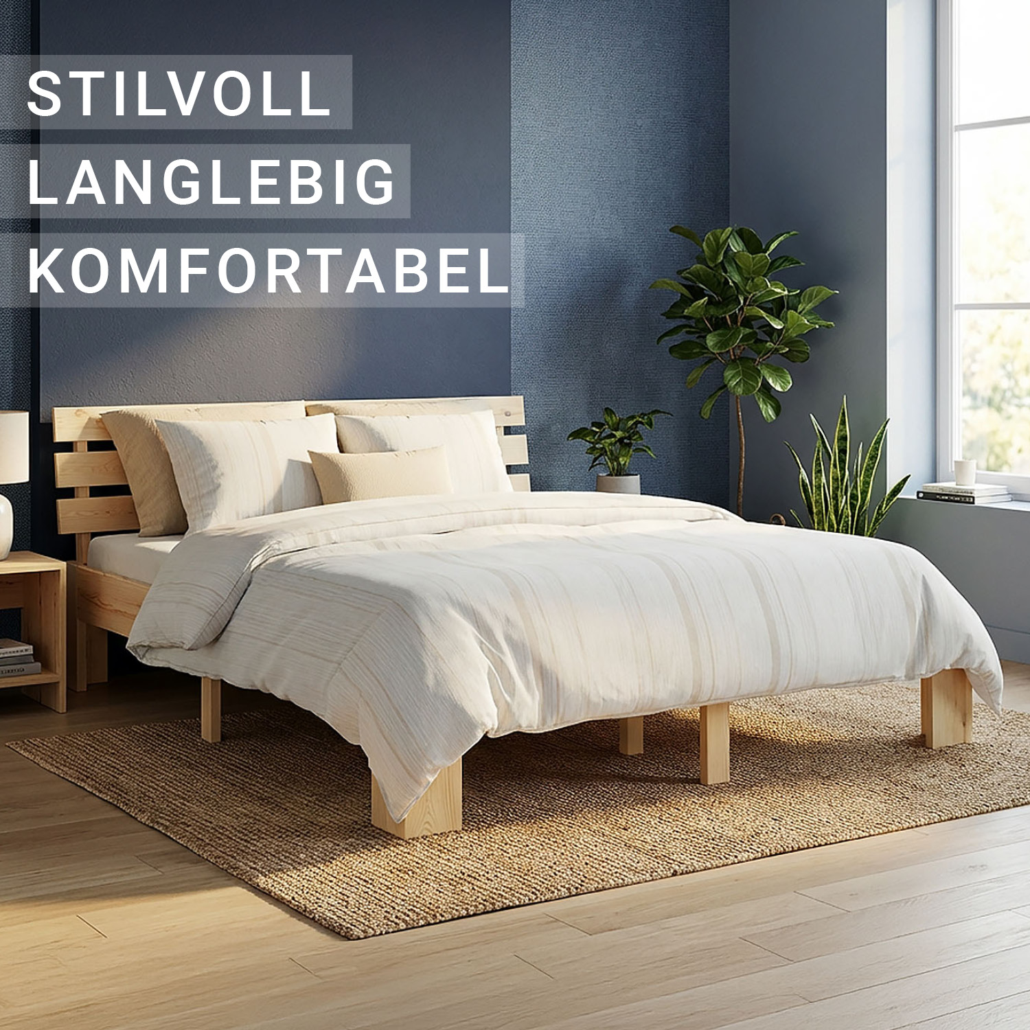 Wooden Bed 140x200 cm Natural – Solid Pine Double Bed with Slatted Base for Bedrooms, Teenagers' Rooms, and Guest Rooms