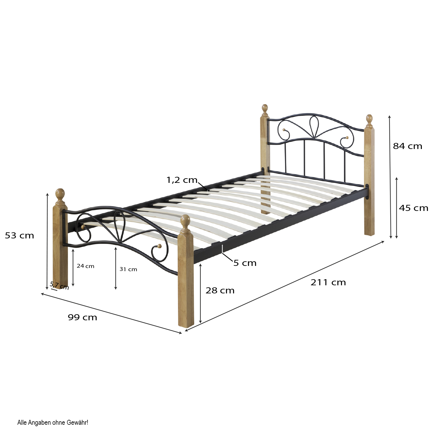 Metal Bed with Mattress Slatted Frame 90x200 cm Bedstead Black Nature Wood Single Daybed