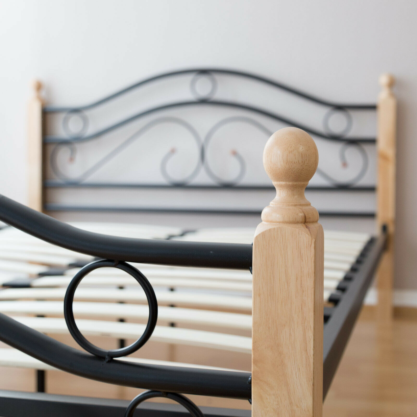 Metal Bed Iron Bed Double 180 x 200 Wood Slatted black natural bed frame 803
