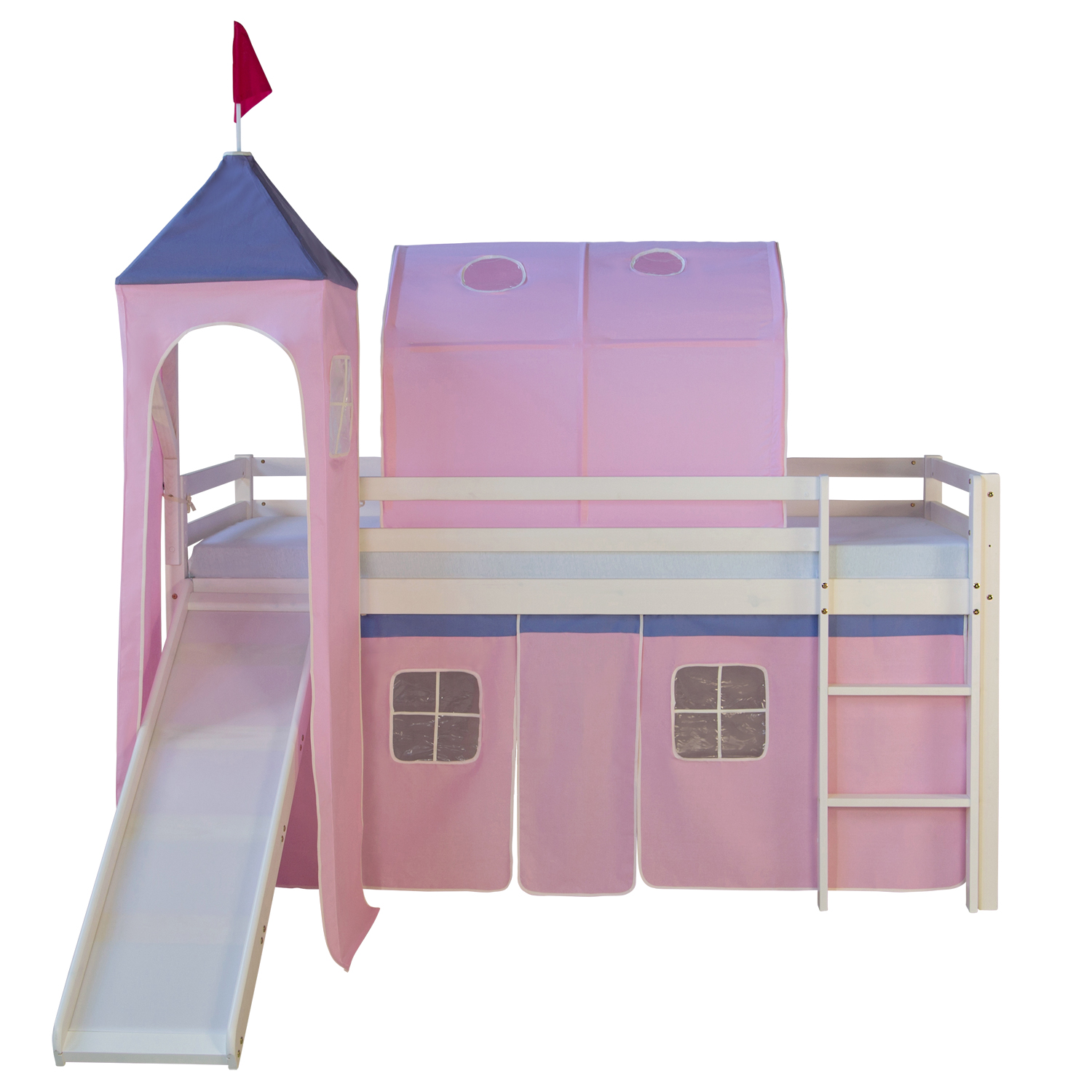 Loftbed 90x200 cm with Tower Tunnel Slide Mattress Bunk bed Childrens bed Solid Pine Wood Slats Curtain Pink Loft Bed Kids 90x200 cm White with Curtain Pink | Tunnel | Tower | Slide | without Slatted Frame