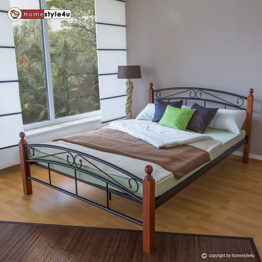 Metal Bed Iron Bed Double 180 x 200 Wood Slatted black brown bed frame