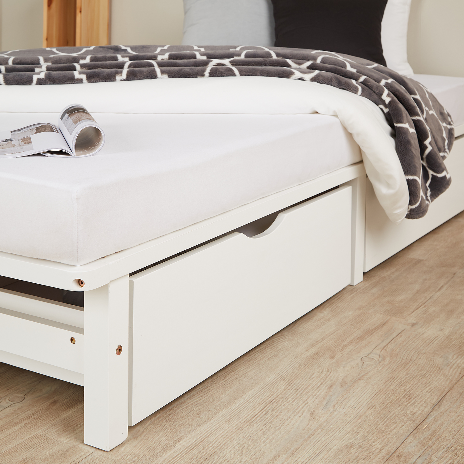 Pallet Bed 90x200 cm with Bed Drawer Set of 2 Slatts Solid Wooden Bed White Pallet Furniture
