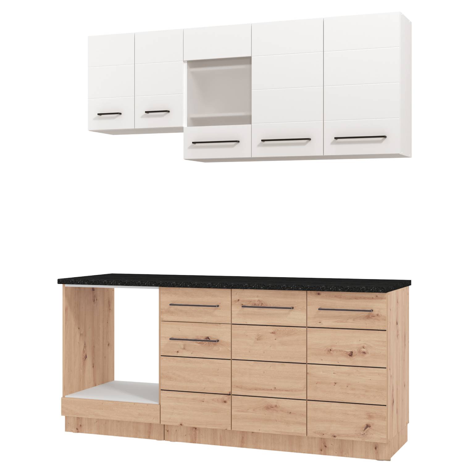 180 cm kitchen unit (without appliances) | High-gloss white & oak | Modern studio kitchen with upper and lower cabinets