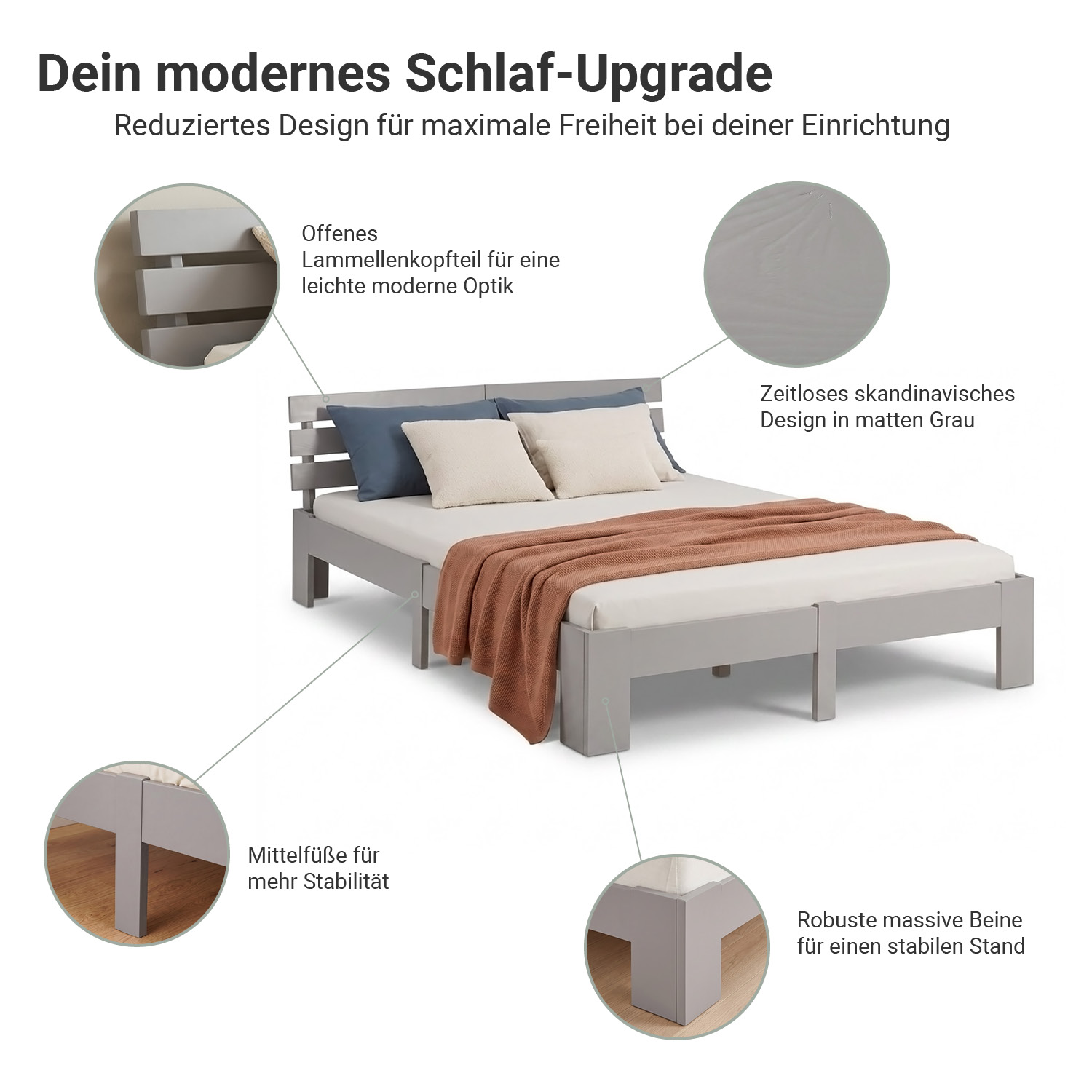 Wood Bed 140x200 cm Grey | Double Bed | with Spring Mattress | Solid | Youth Guest Bedroom
