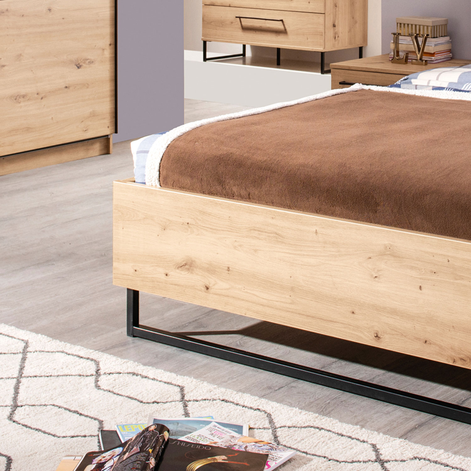 Wooden bed with upholstered headboard 160x200 cm oak und grey | with slatted frame | double fabric bed | industrial style