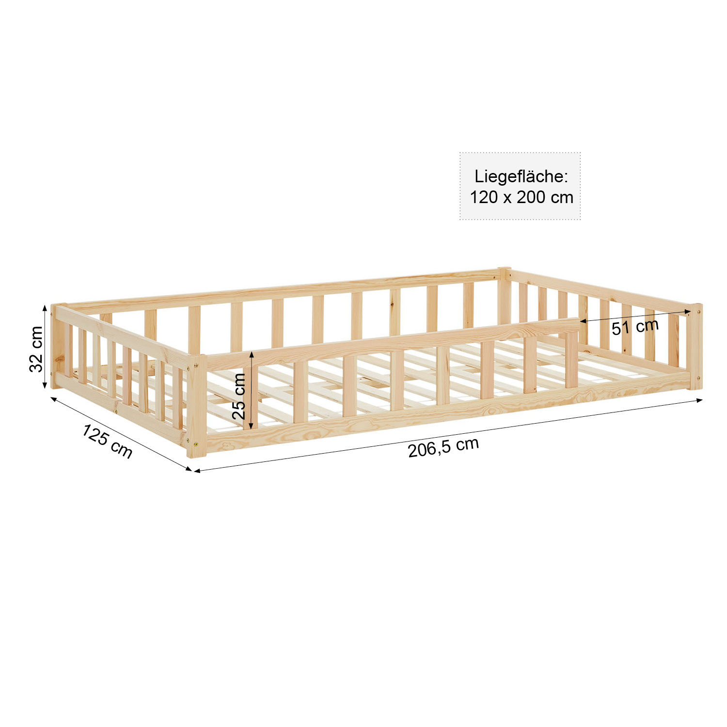 Children's Bed 120x200 Natural | Floor Bed with Mattress & Slatted Frame | with Fall Protection | Montessori