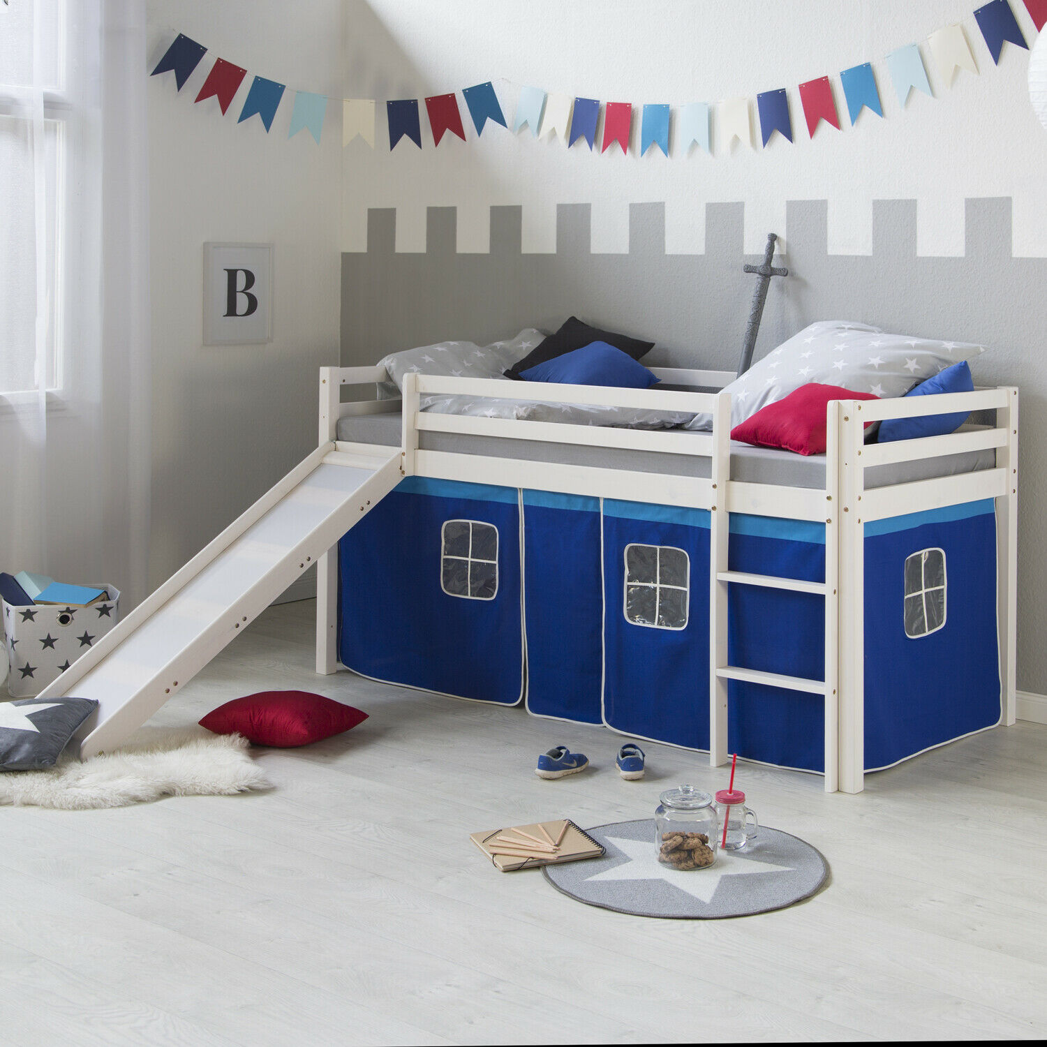 Loft Bed Kids 90x200 cm White with Curtain in Blue | Slide | without Slatted Frame