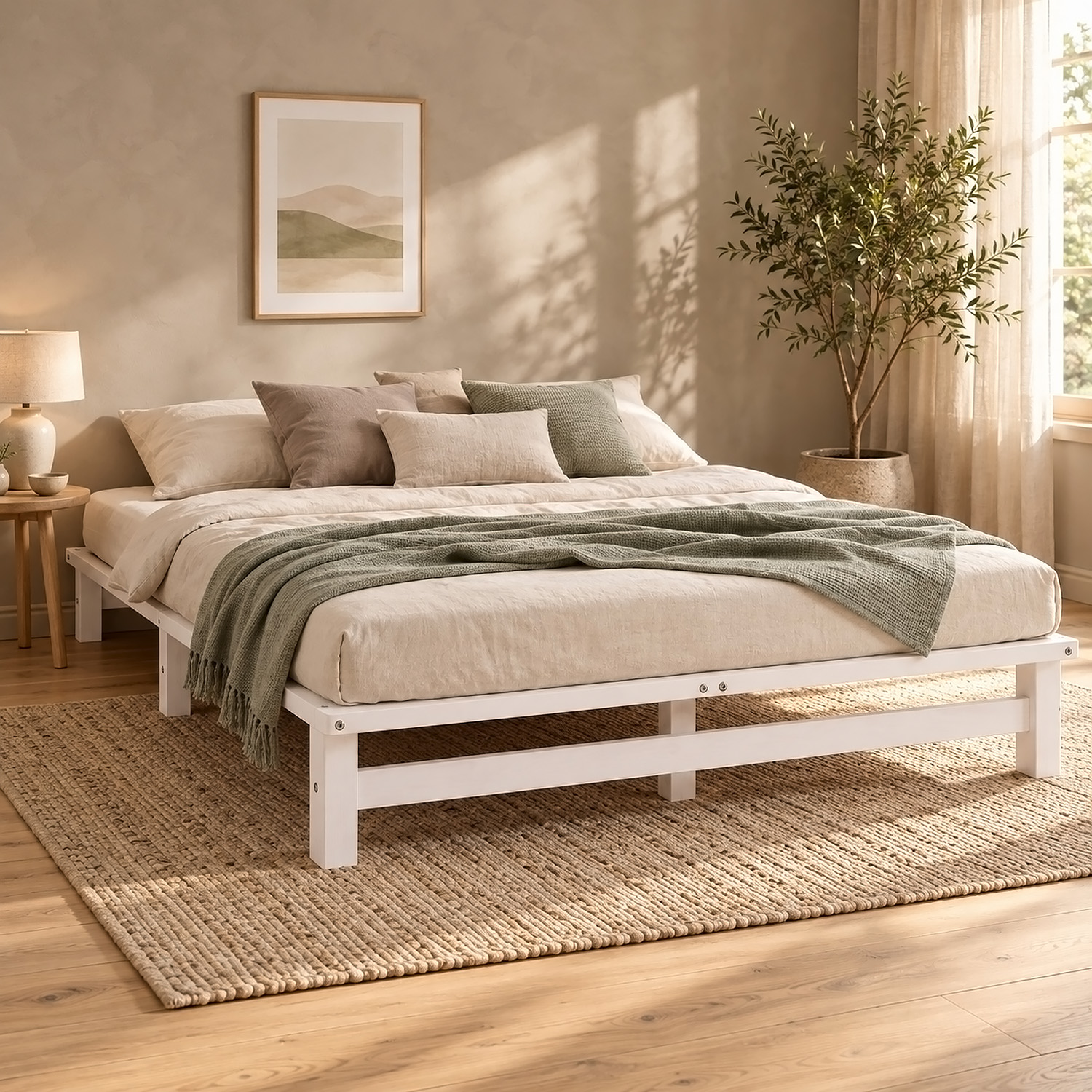 Pallet Bed 140x200 cm White – Wooden Double Bed with Mattress & Slatted Base for Teen Rooms, Guest Rooms, and Bedrooms