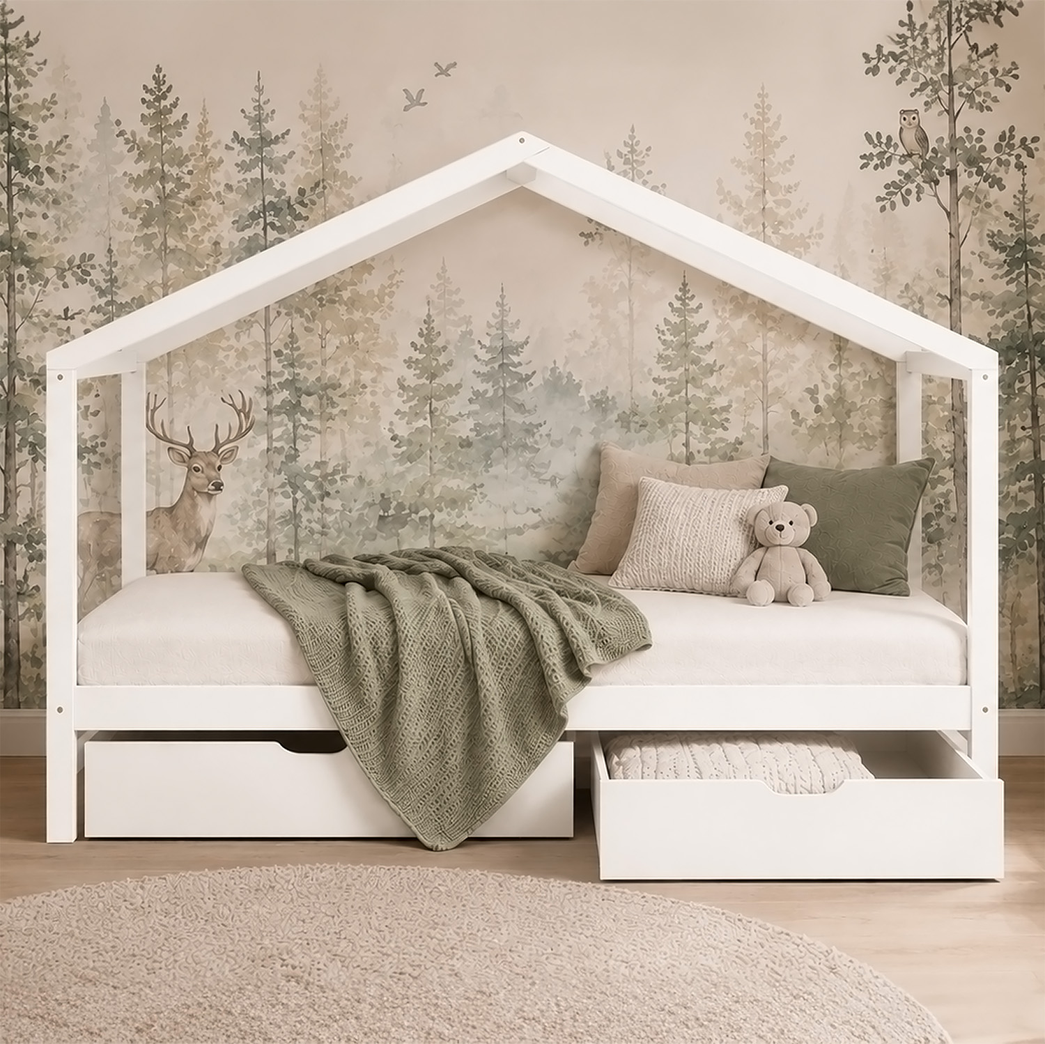 Children's Bed 90x200 cm White | House Bed with Drawers | Single Bed | with Slatted Frame | Wood