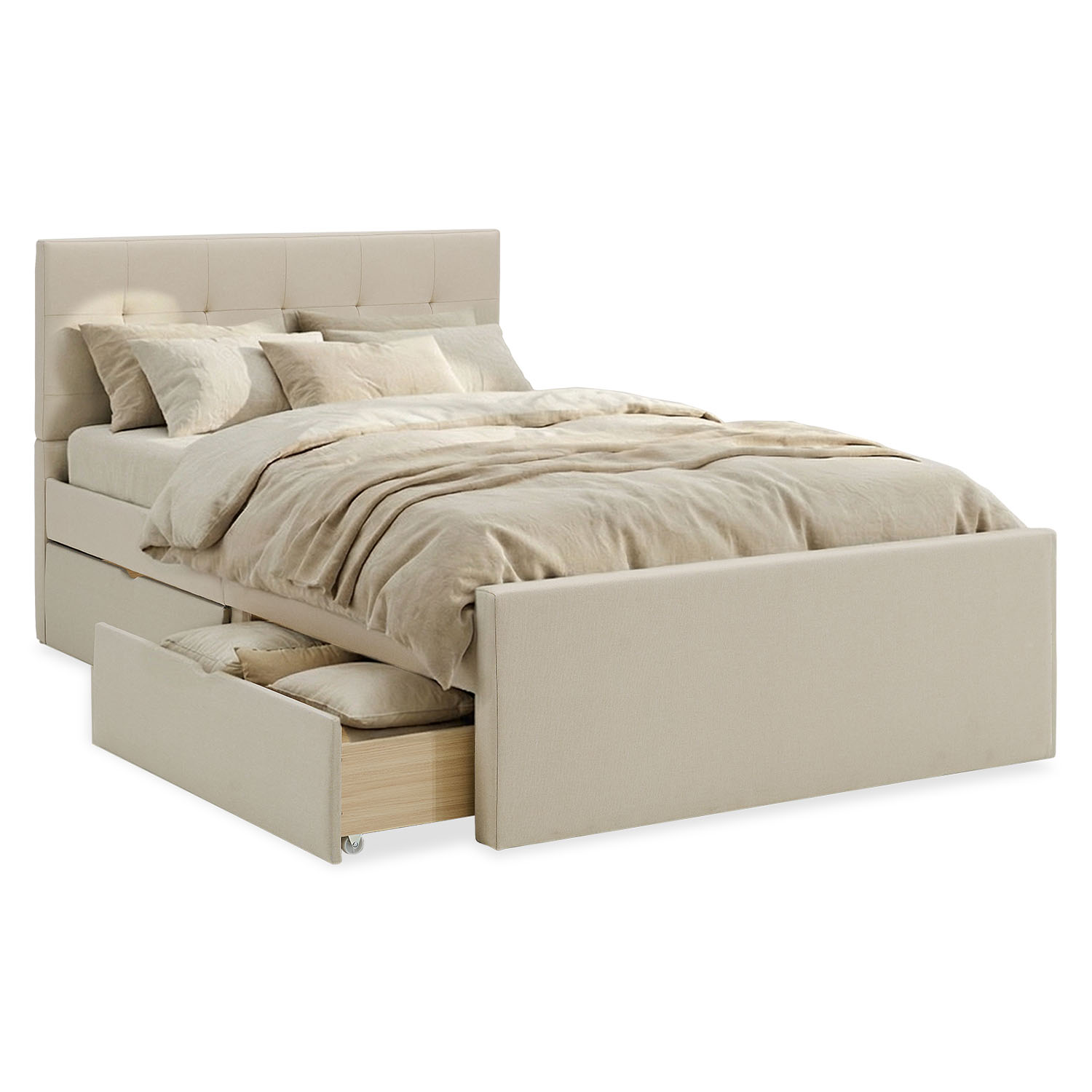 Upholstered bed 140x200 cm beige | with slatted frame | with 2 bed drawers | double fabric bed frame