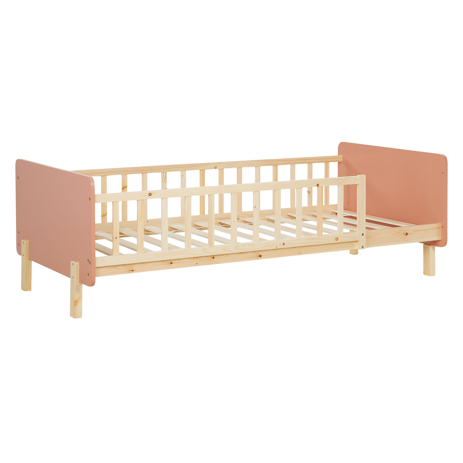 Children's Bed 90x200 cm Red Natural | Retro Bed with Fall Protection | Single Bed | with Slatted Frame | Wood