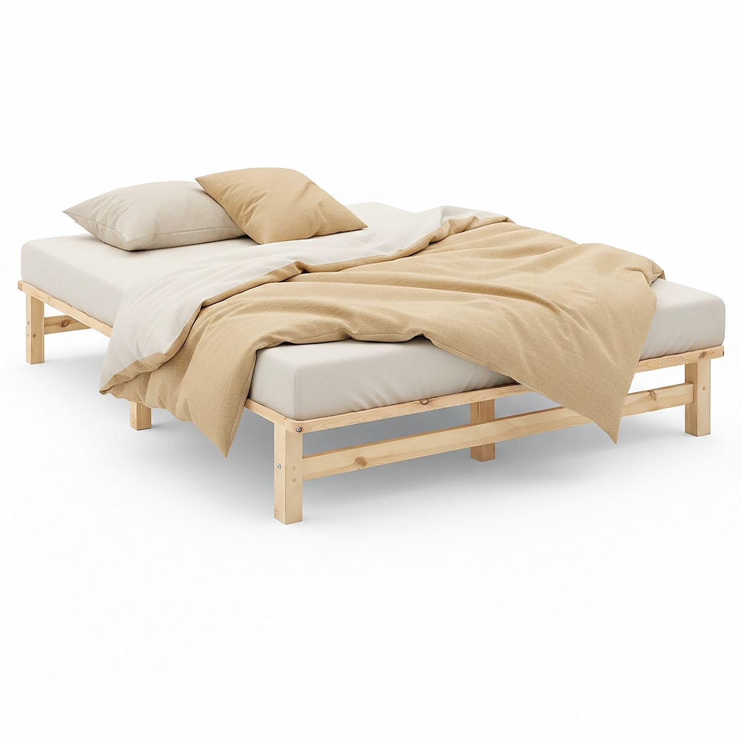 Holzbett mit Holzelementen und Matratze. Die zweite freigestellte Darstellung zeigt das Bett als beschriftete Produktgrafik mit Maßangaben auf weißem Hintergrund. Die sichtbaren Rahmenkanten und Liegeflächen werden durch Maßlinien ergänzt.