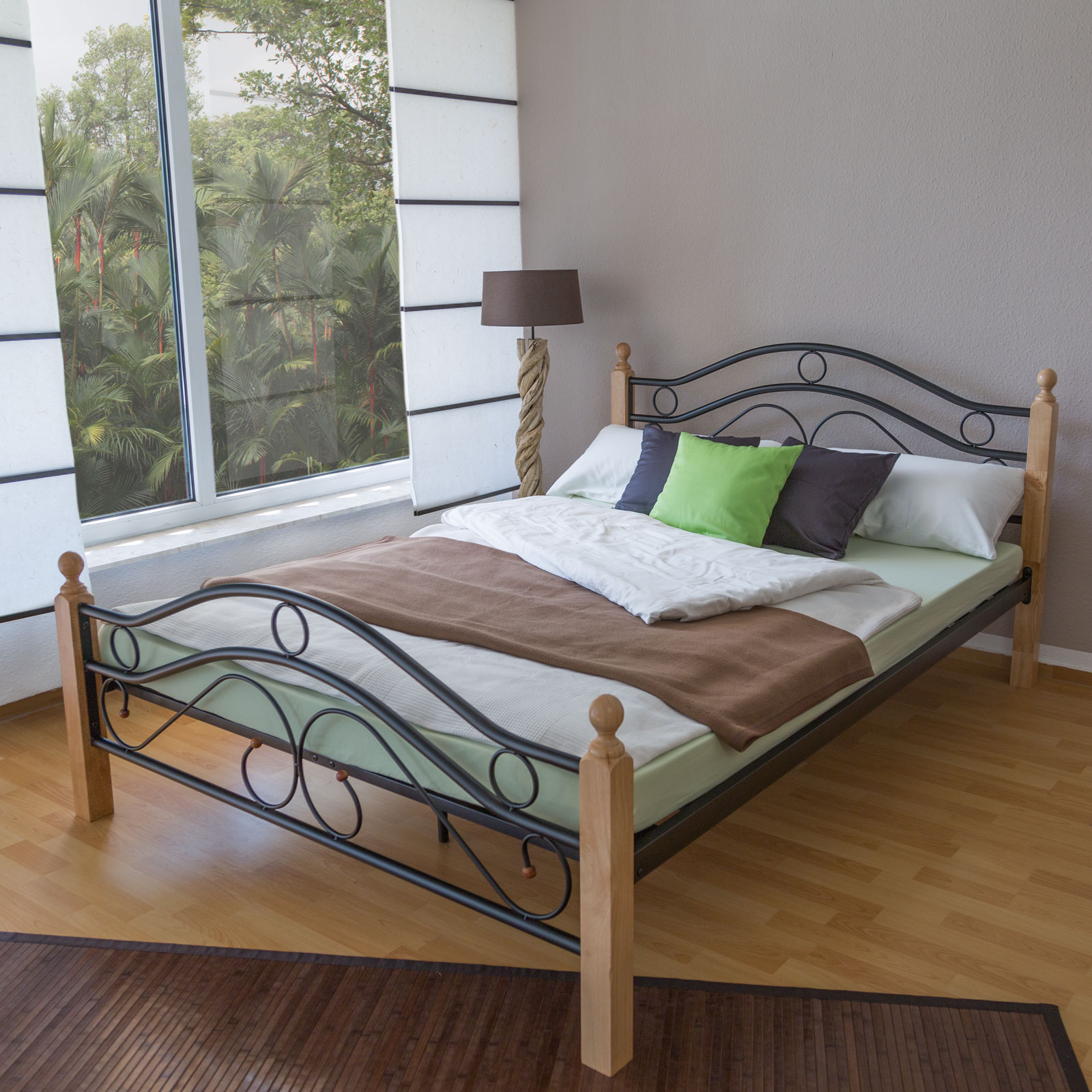 Metal Bed Iron Bed Double 160 x 200 Wood Slatted black natural bed frame 803