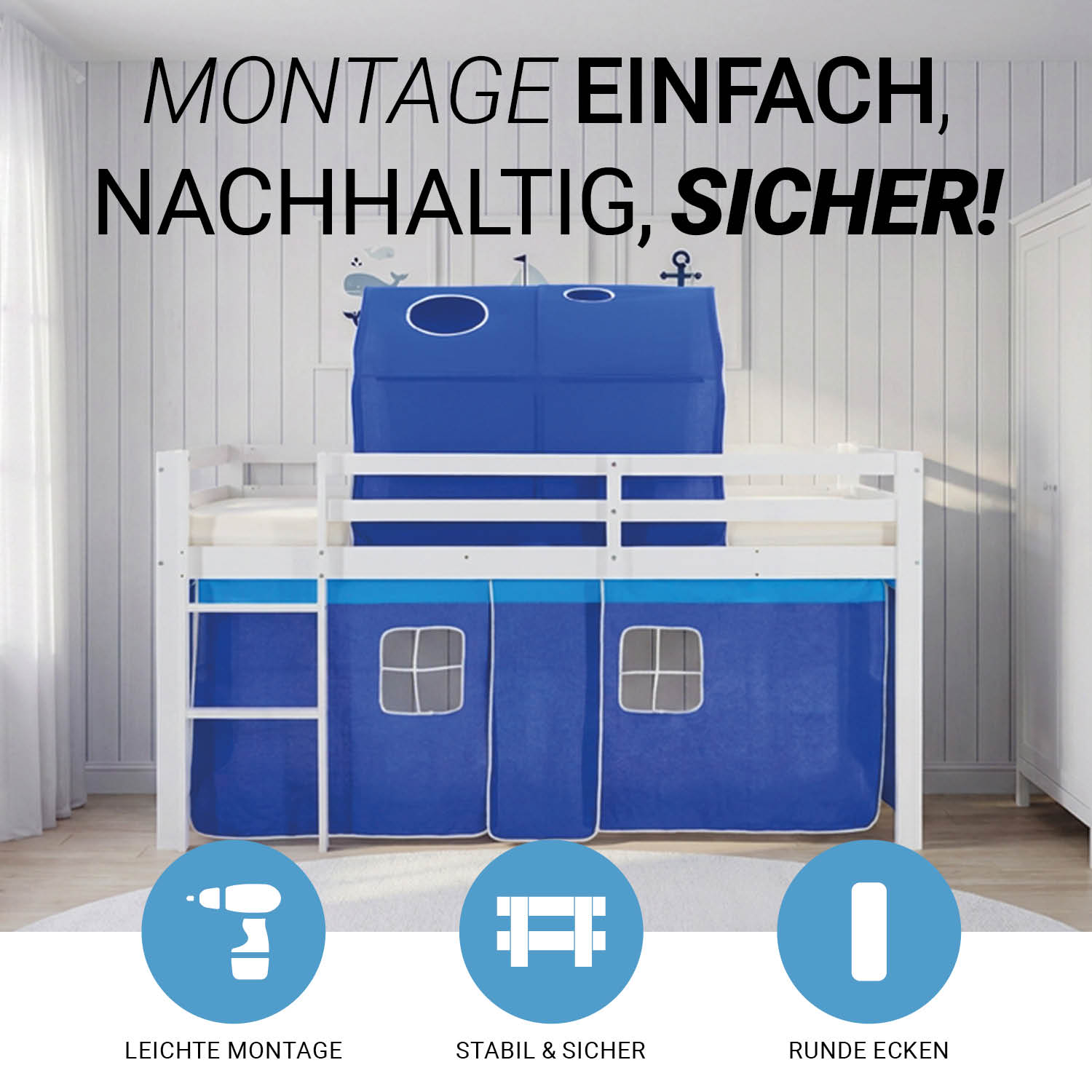 Children's Loft Bed 90x200 cm White with Blue Curtain | Tunnel | with Slatted Base | with Mattress