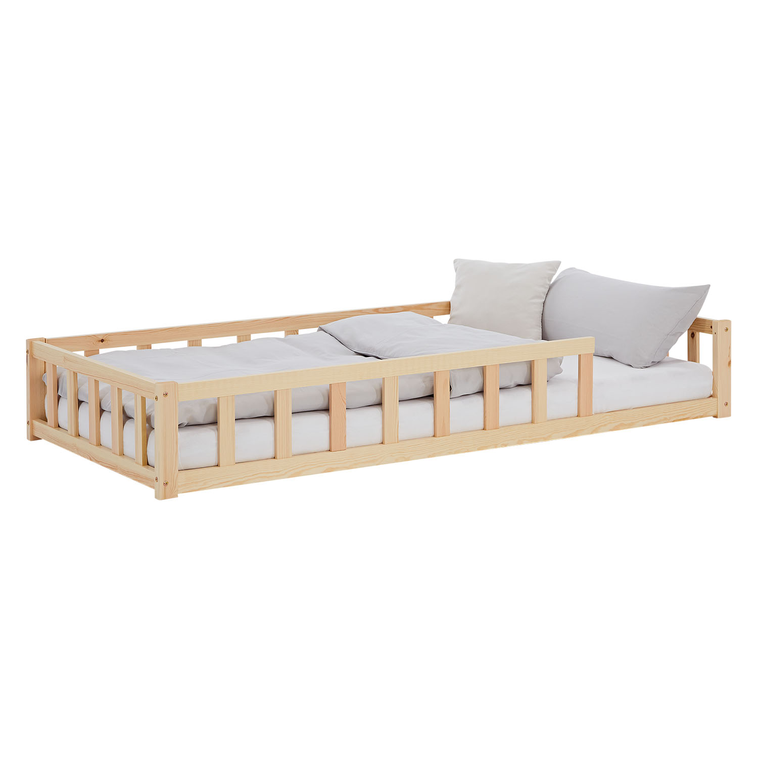 Children's Bed 90x200 Natural | Floor Bed with Mattress & Slatted Frame | with Fall Protection | Montessori