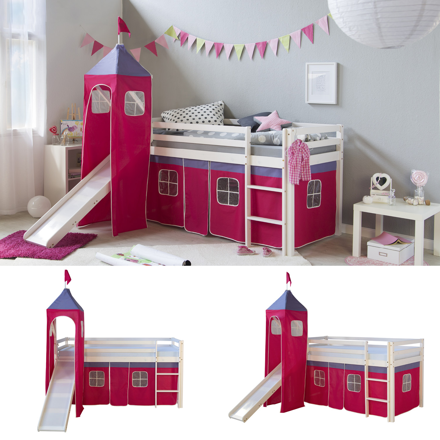 Loft Bed Kids 90x200 cm White with Curtain in Pink | Tower | Slide | without Slatted Frame Loft Bed Kids 90x200 cm White with Curtain in Pink | Tower | Slide | without Slatted Frame