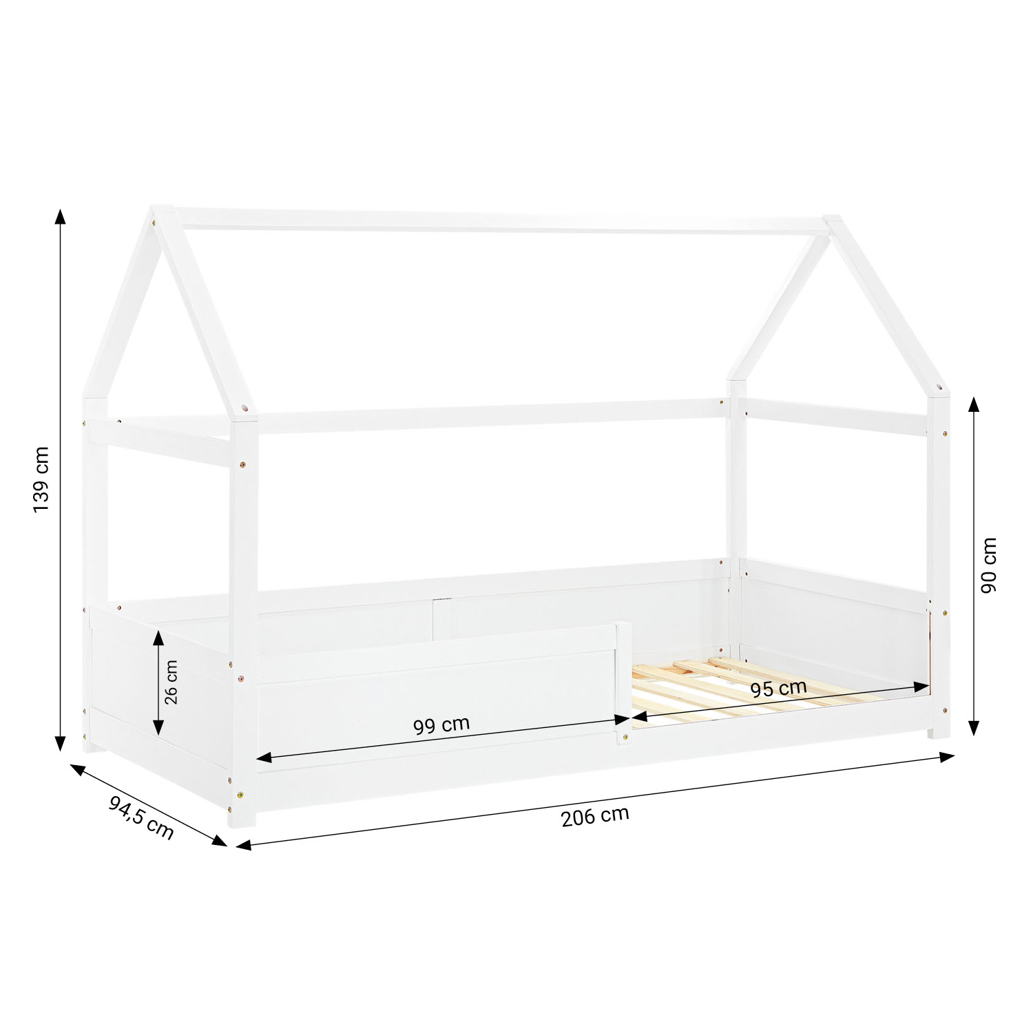 Children's Bed 90x200 cm White with Mattress | House Bed with Fall Protection | Montessori | Single Bed | with Slatted Frame | Wood